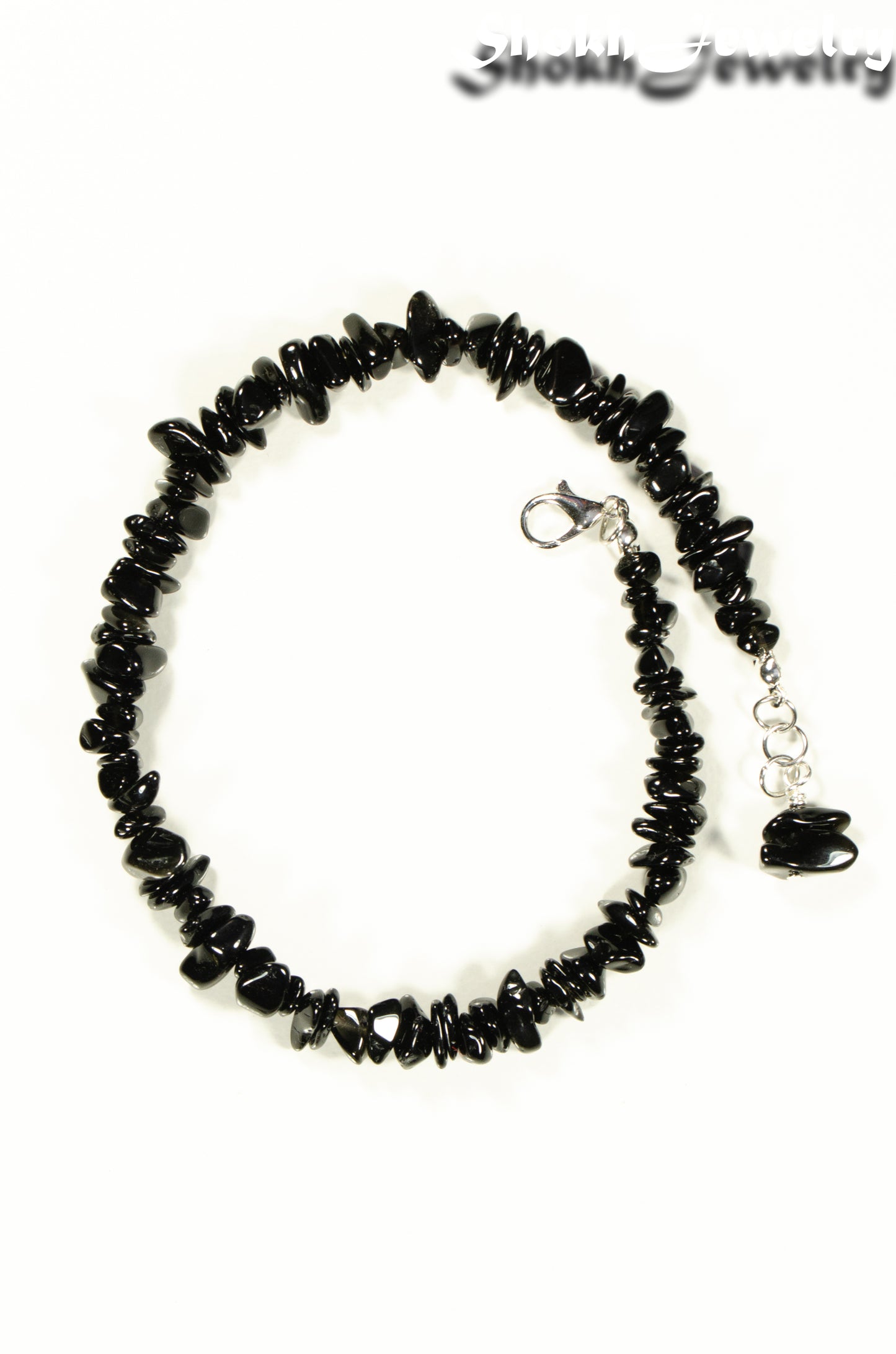 Top view of Natural Black Obsidian Crystal Chip Choker Necklace.