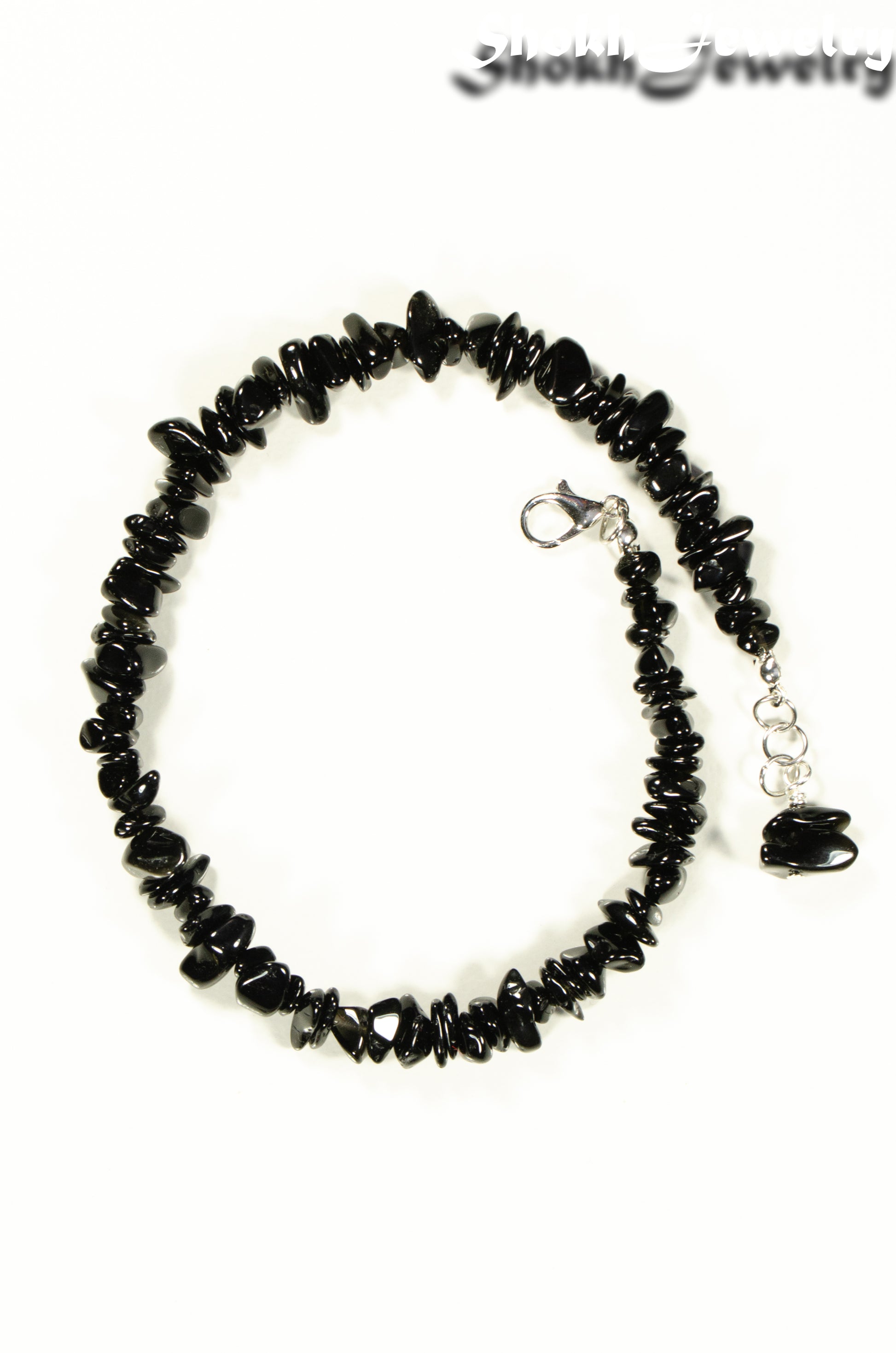 Top view of Natural Black Obsidian Crystal Chip Anklet.