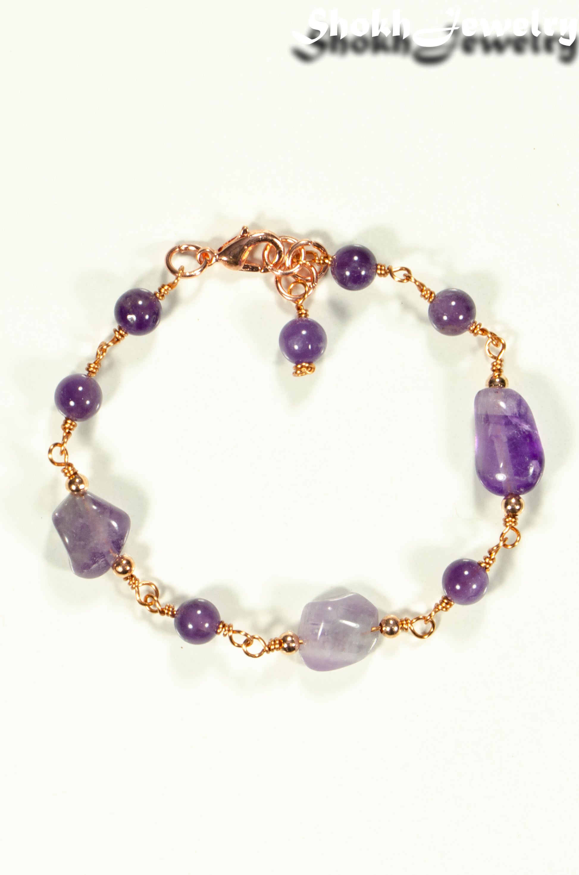 Top view of Chunky Amethyst Nugget and Beads Link Bracelet.