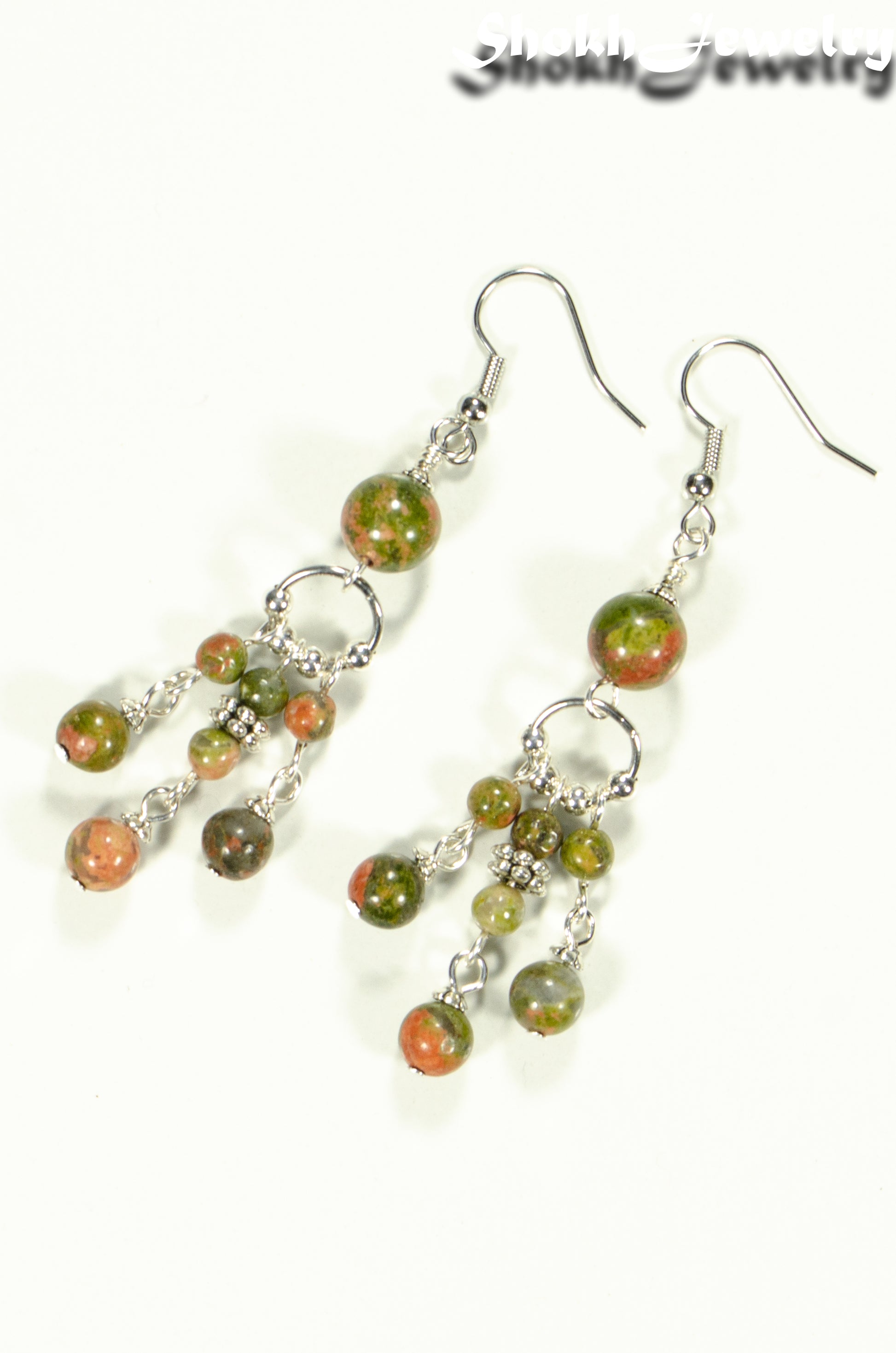 Top view of Statement Unakite Jasper Chandelier Earrings.