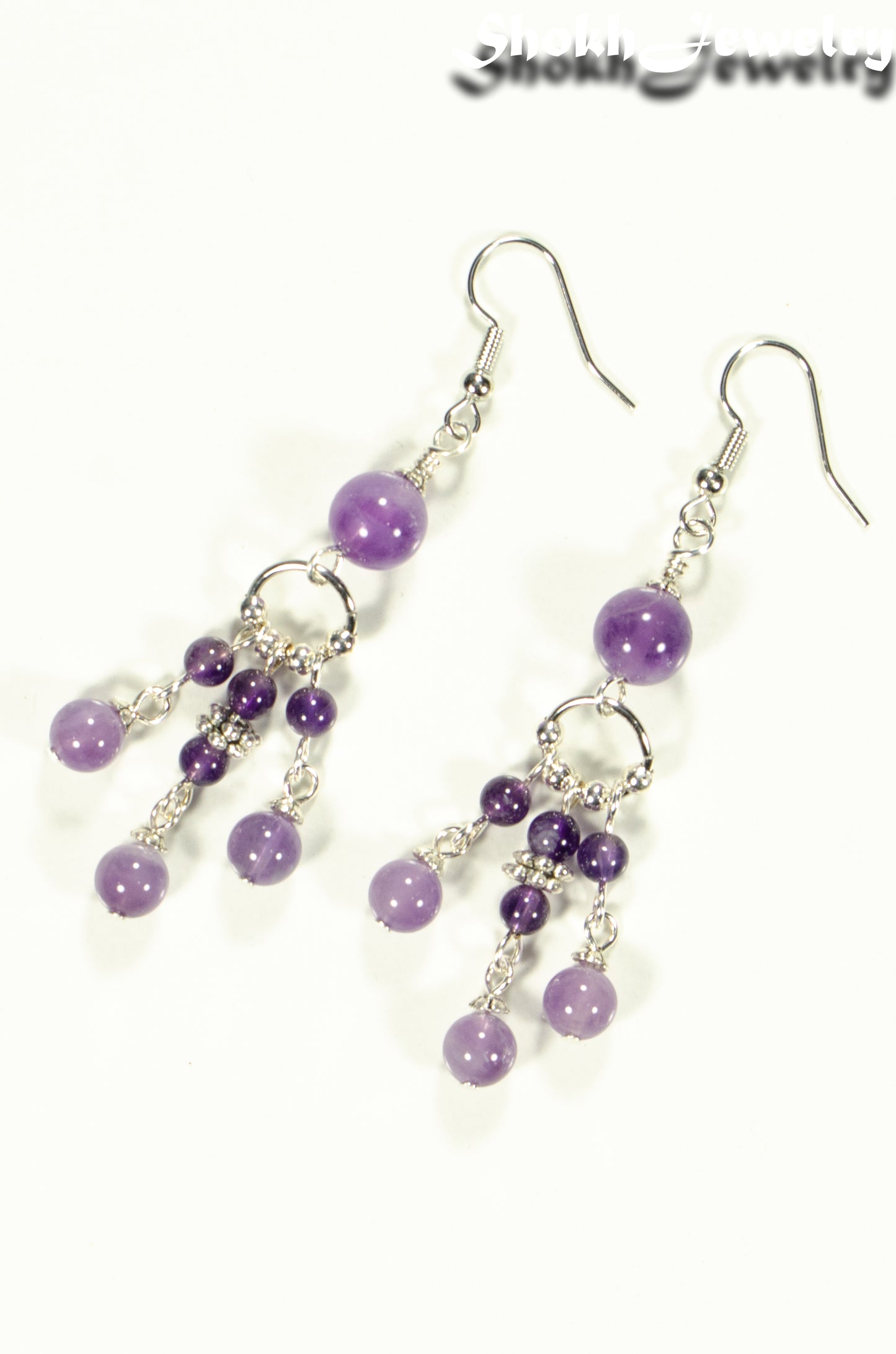 Top view of Statement Amethyst Crystal Chandelier Earrings.