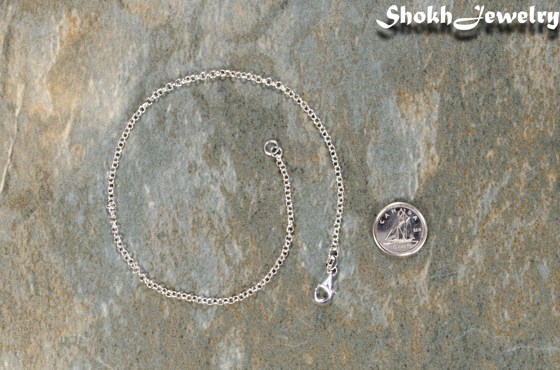 2.5mm Silver Plated Dainty Chain Anklet beside a dime.