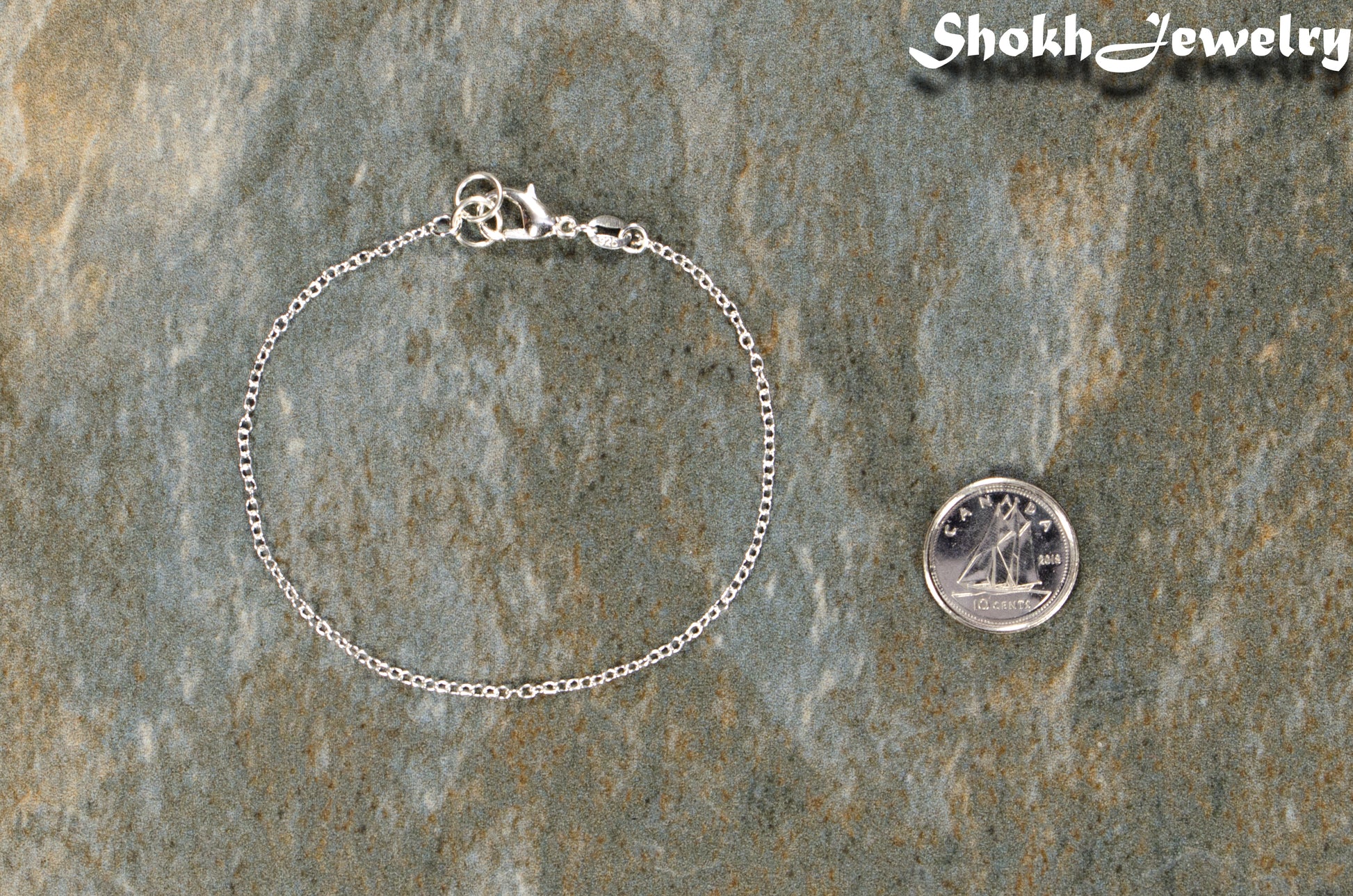 Silver Plated Dainty Chain Bracelet beside a dime.
