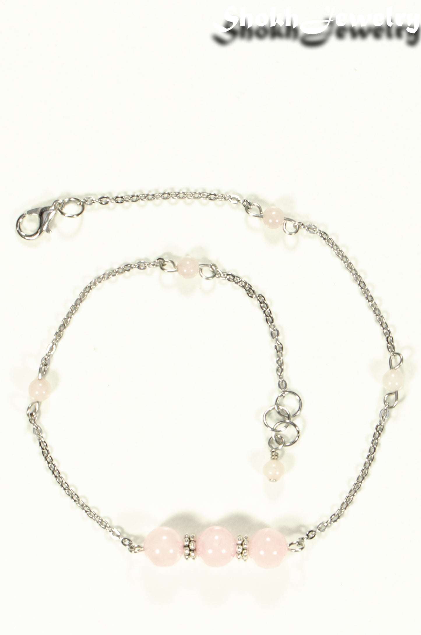 Top view of Natural Rose Quartz and Chain Choker Necklace.
