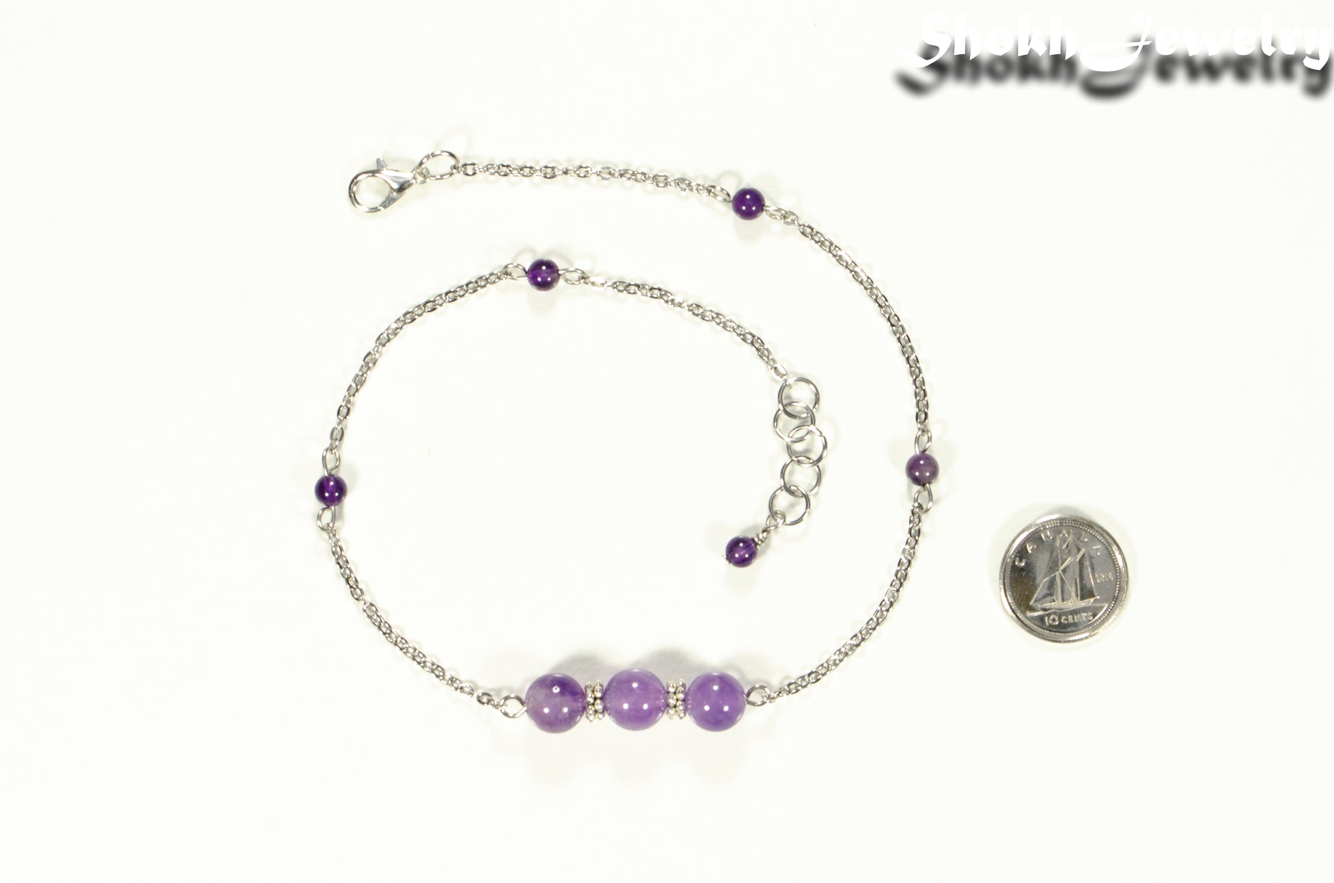 Natural Amethyst and Chain Choker Necklace beside a dime.