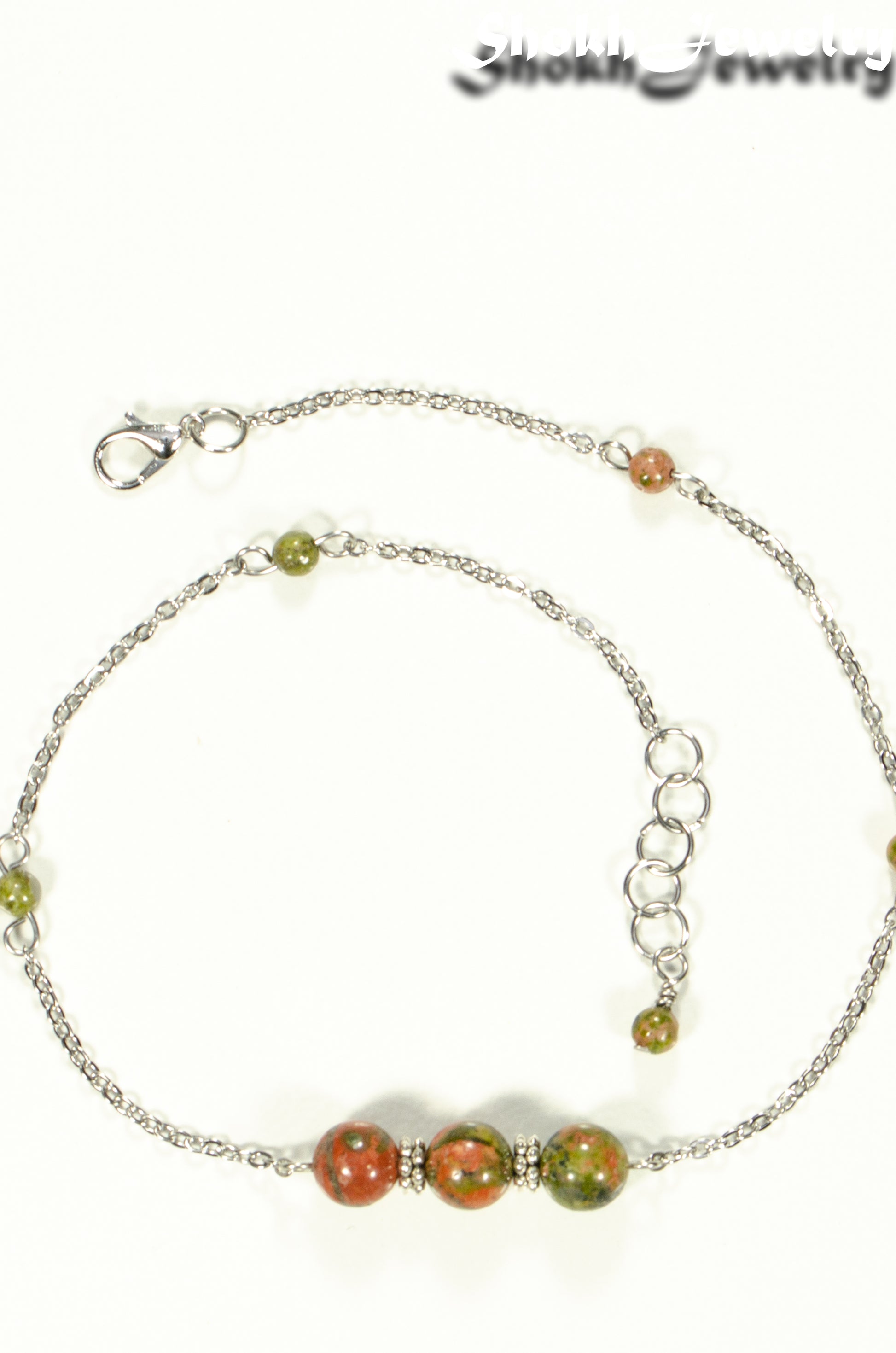 Top view of Natural Unakite Jasper and Chain Choker Necklace.
