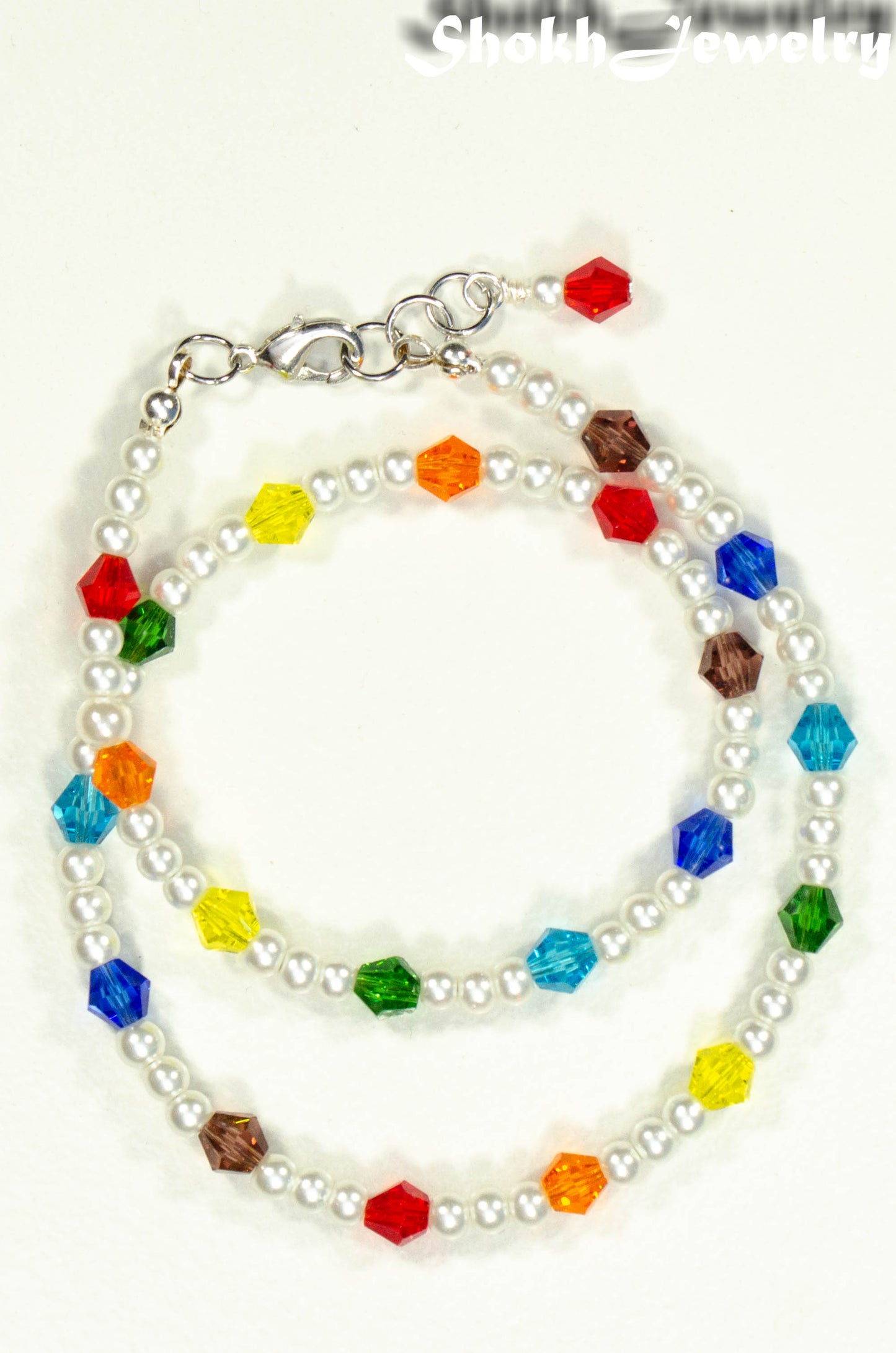 Top view of Rainbow Glass Crystal Bead and Pearl Anklet.