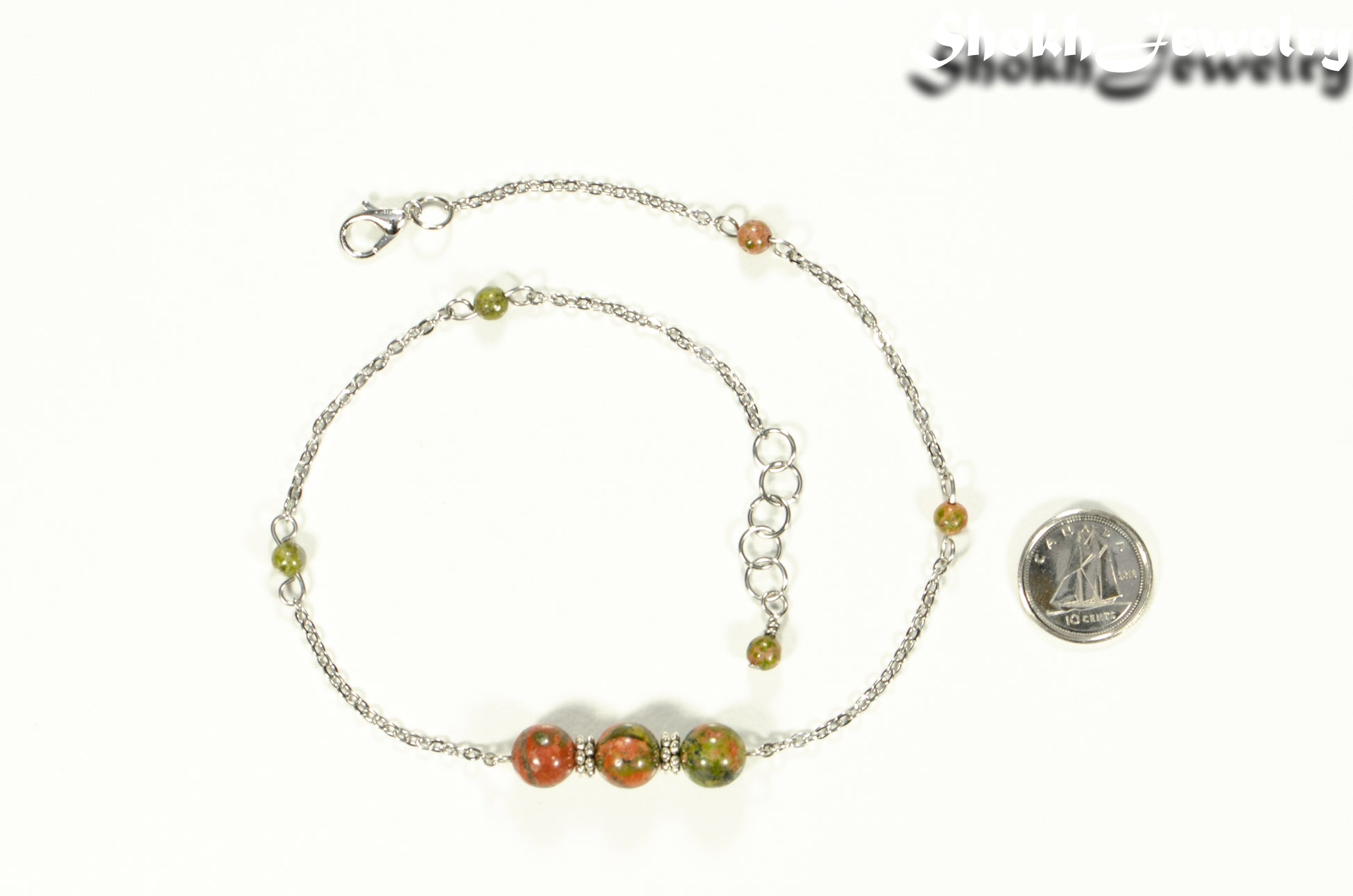 Natural Unakite Jasper and Chain Choker Necklace beside a dime.
