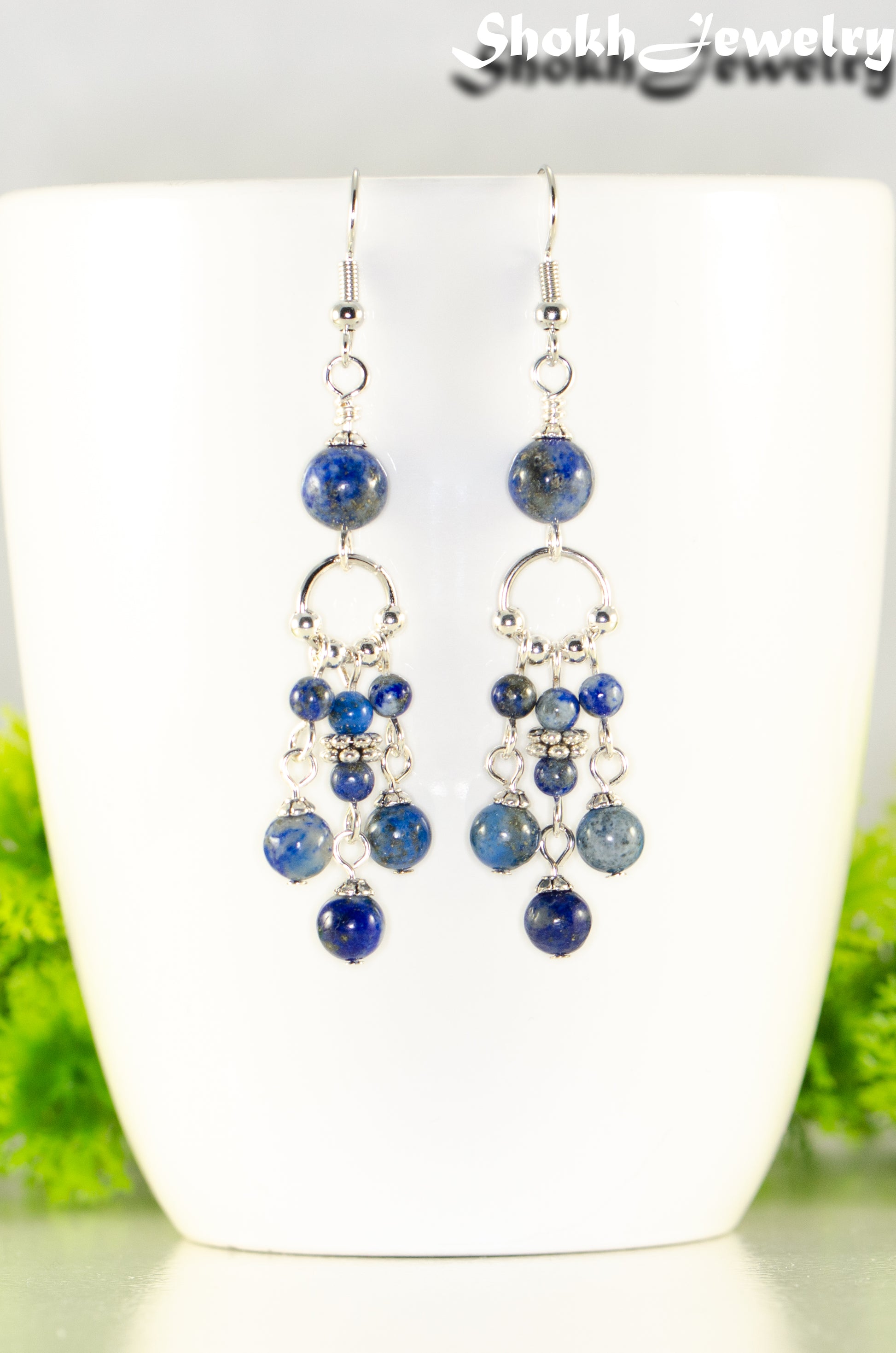 Close up of Statement Lapis Lazuli Chandelier Earrings.