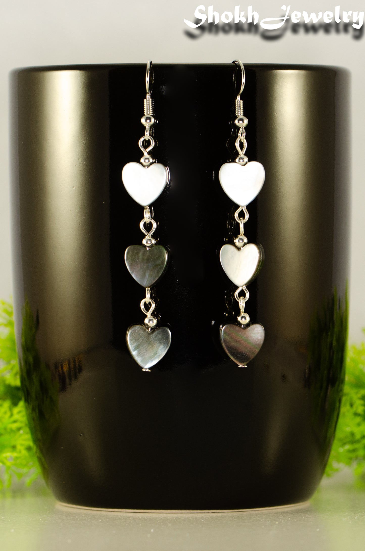 Long Grey Seashell Hearts Earrings.
