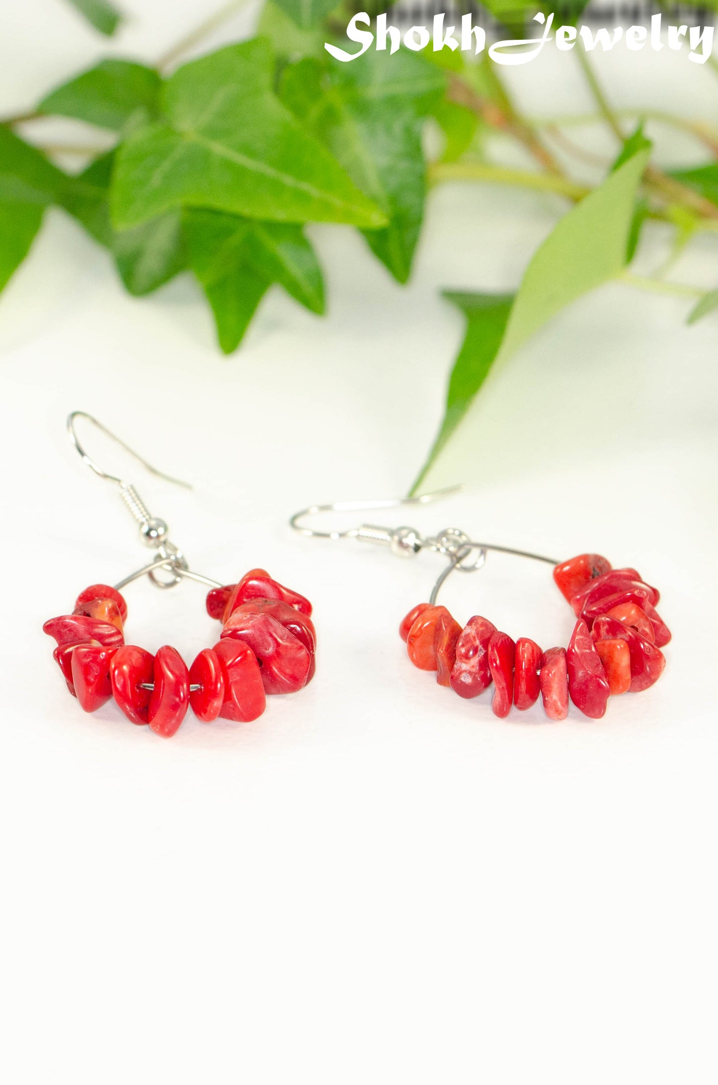 Natural Red Coral Crystal Chip Earrings.