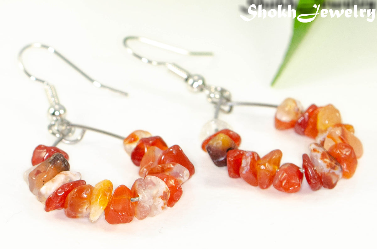 Natural Carnelian Crystal Chip Hoop Earrings