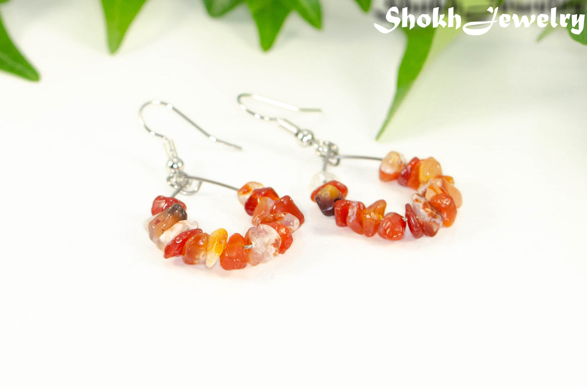 Natural Carnelian Crystal Chip Hoop Earrings