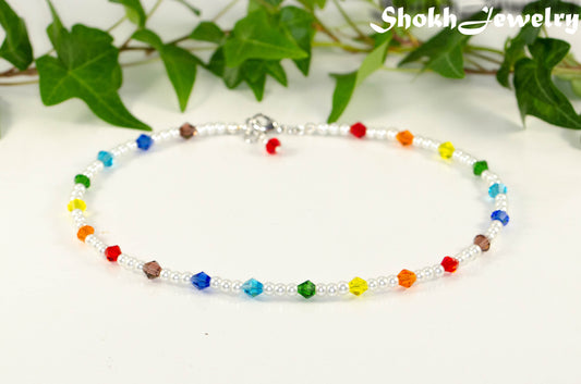 Rainbow Glass Crystal Bead and Pearl Anklet.