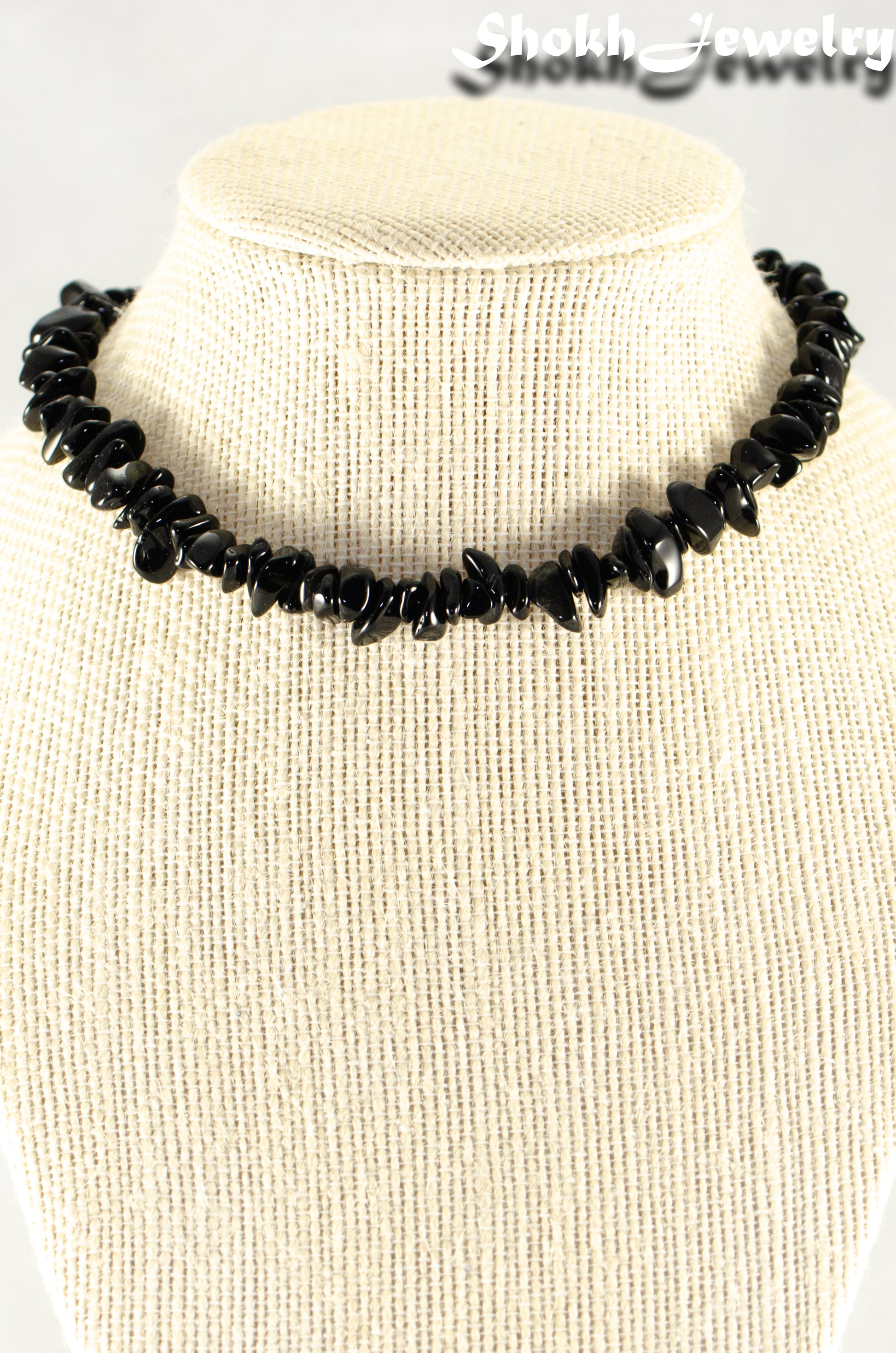 Close up of Natural Black Obsidian Crystal Chip Choker Necklace.