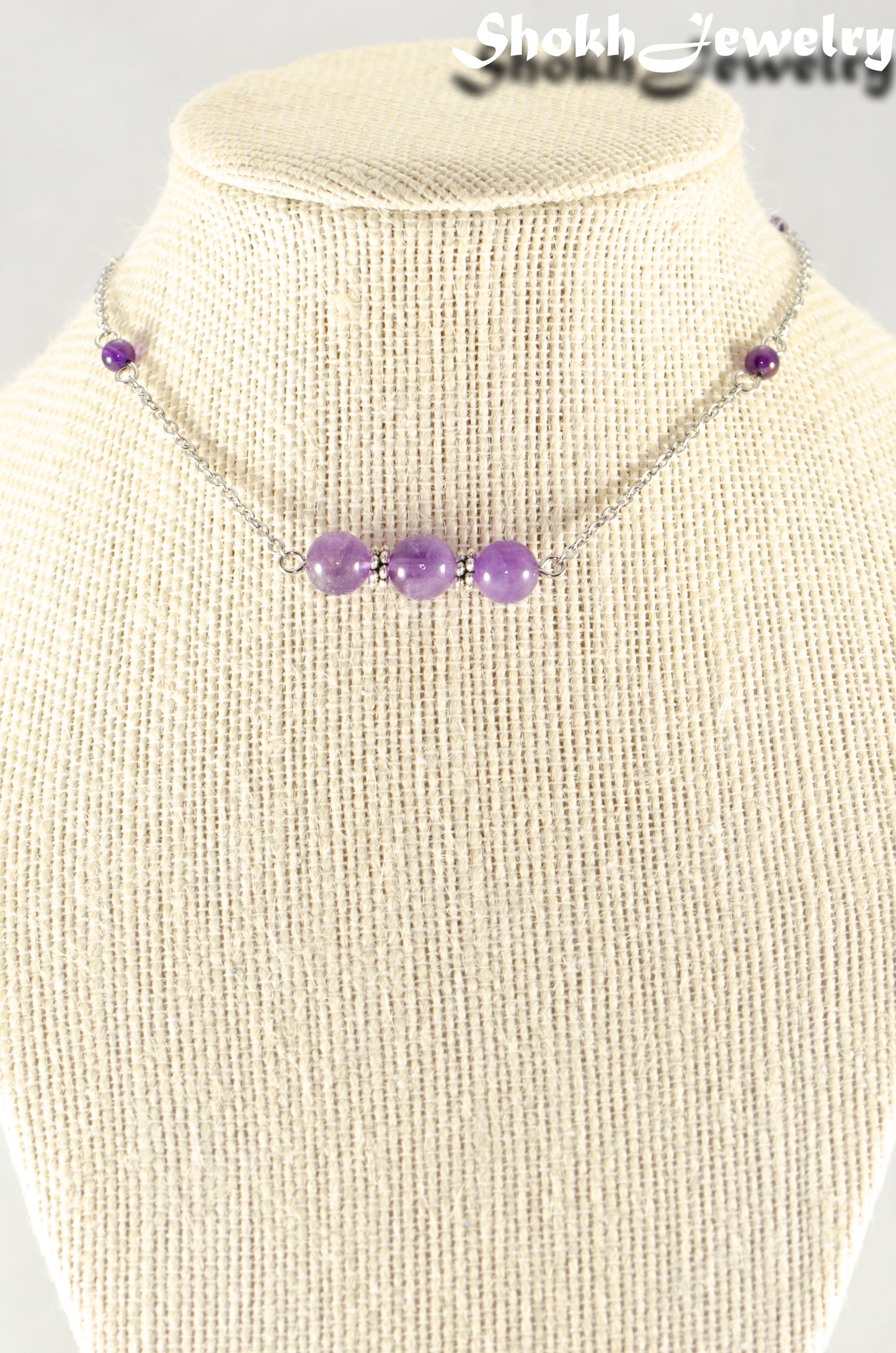 Close up of Natural Amethyst and Chain Choker Necklace.