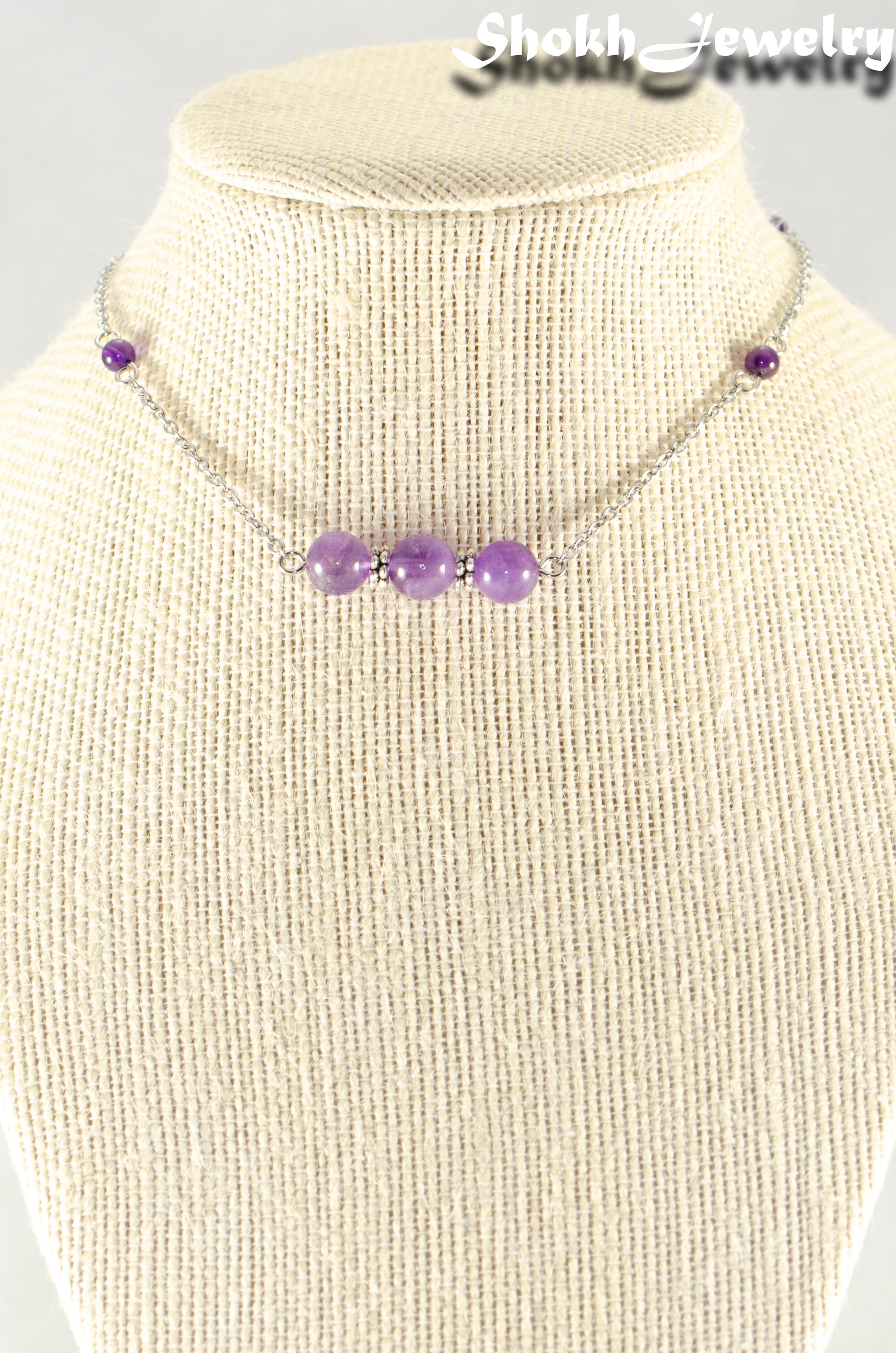 Close up of Natural Amethyst and Chain Choker Necklace.