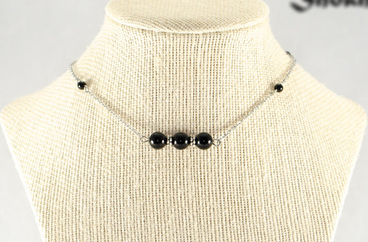 Natural Black Onyx and Chain Choker Necklace displayed on a bust.