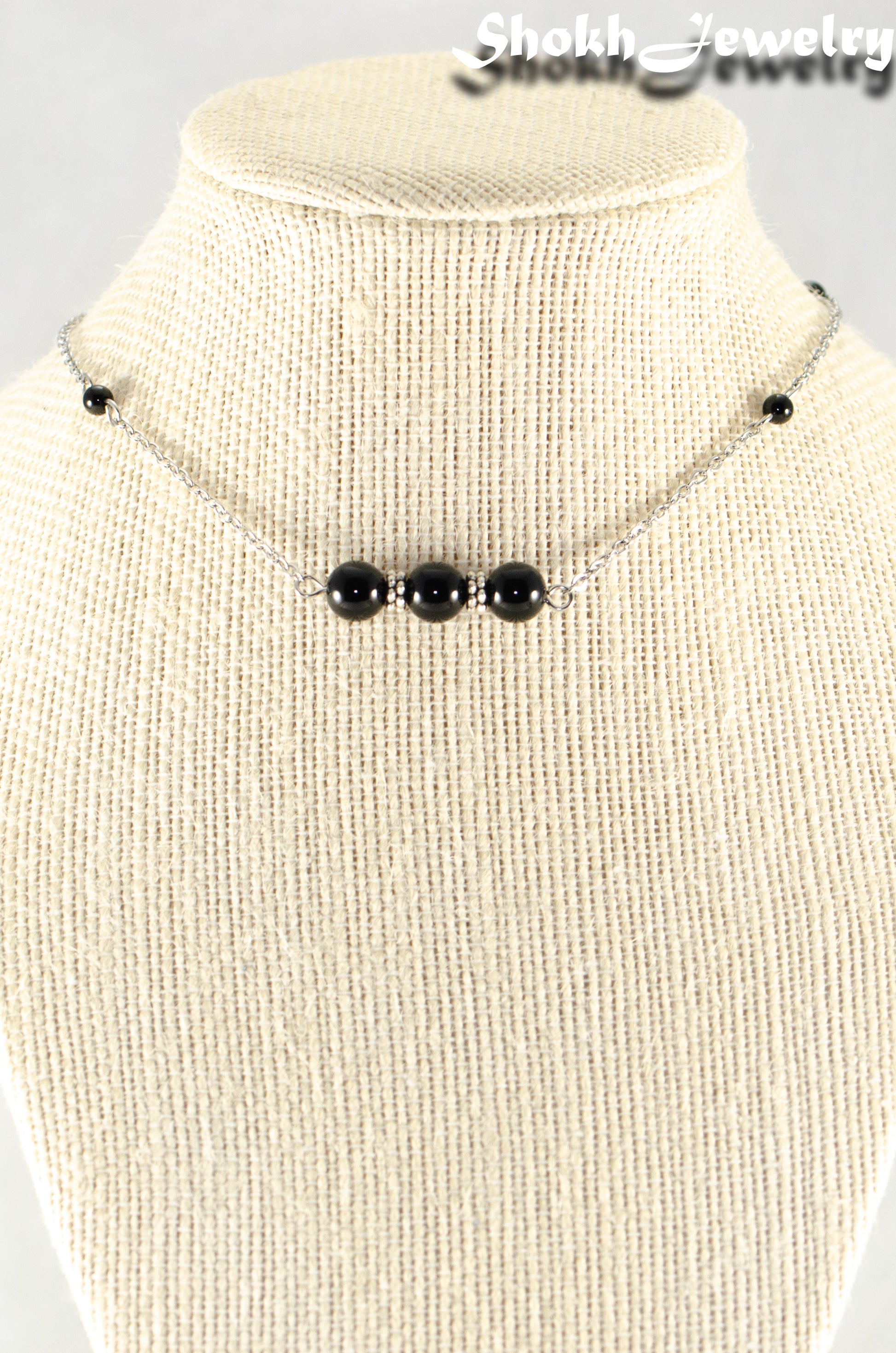 Close up of Natural Black Onyx and Chain Choker Necklace.