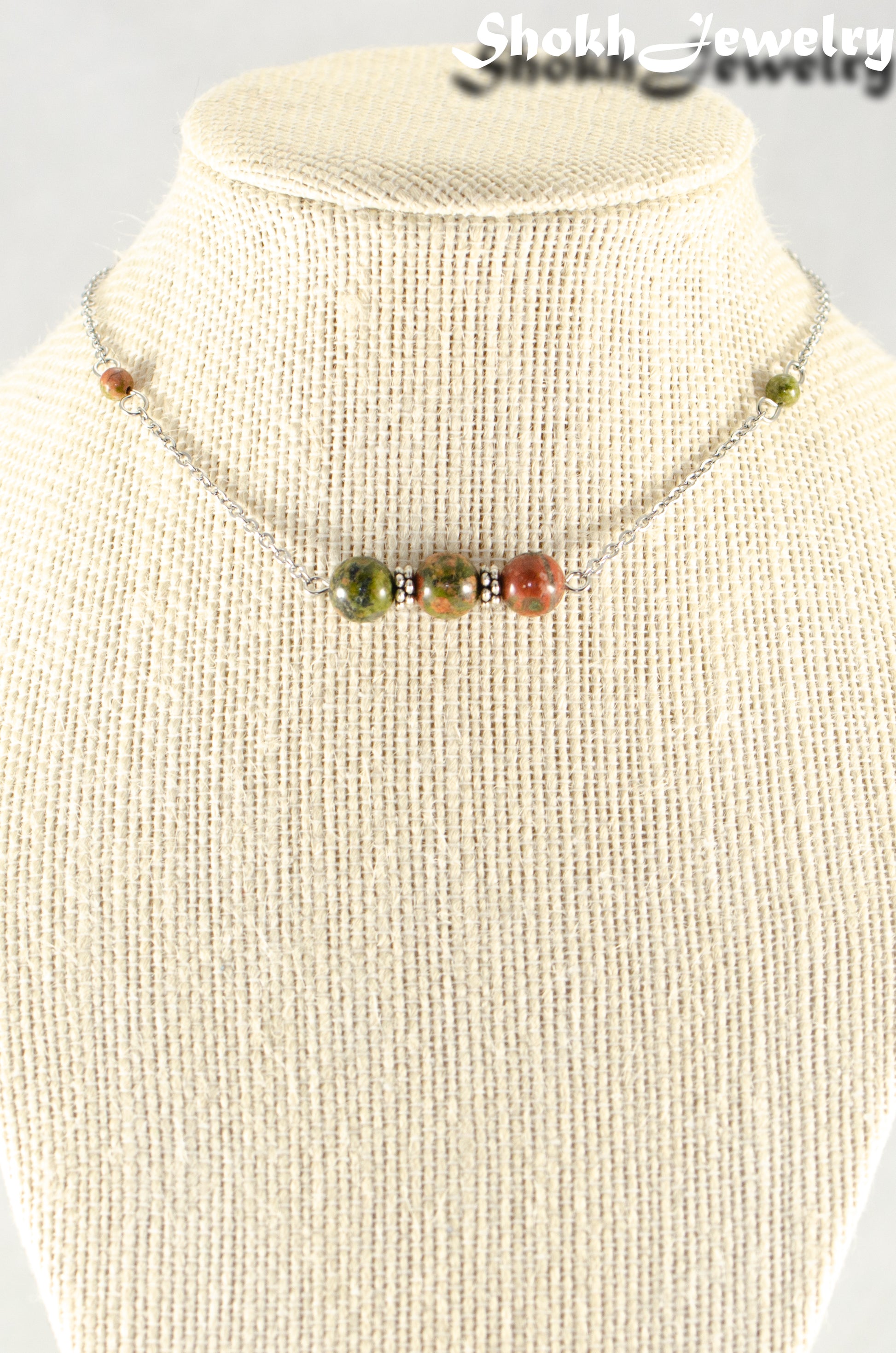 Close up of Natural Unakite Jasper and Chain Choker Necklace.