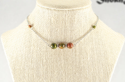 Natural Unakite Jasper and Chain Choker Necklace displayed on a bust.