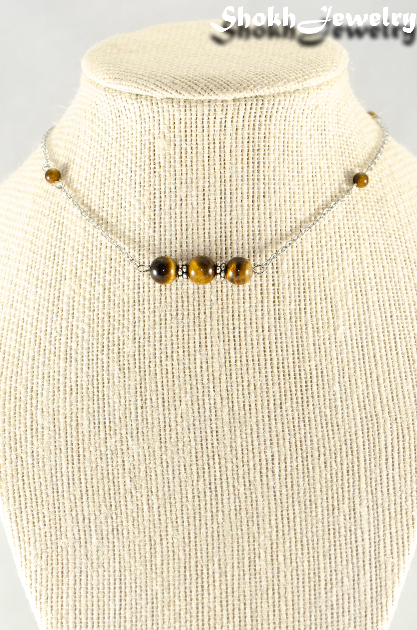 Close up of Natural Tiger's Eye and Chain Choker Necklace.