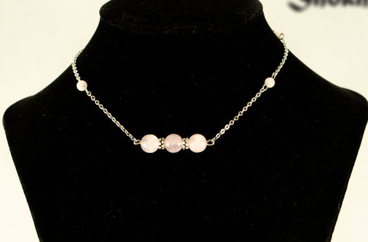 Natural Rose Quartz and Chain Choker Necklace displayed on a bust.