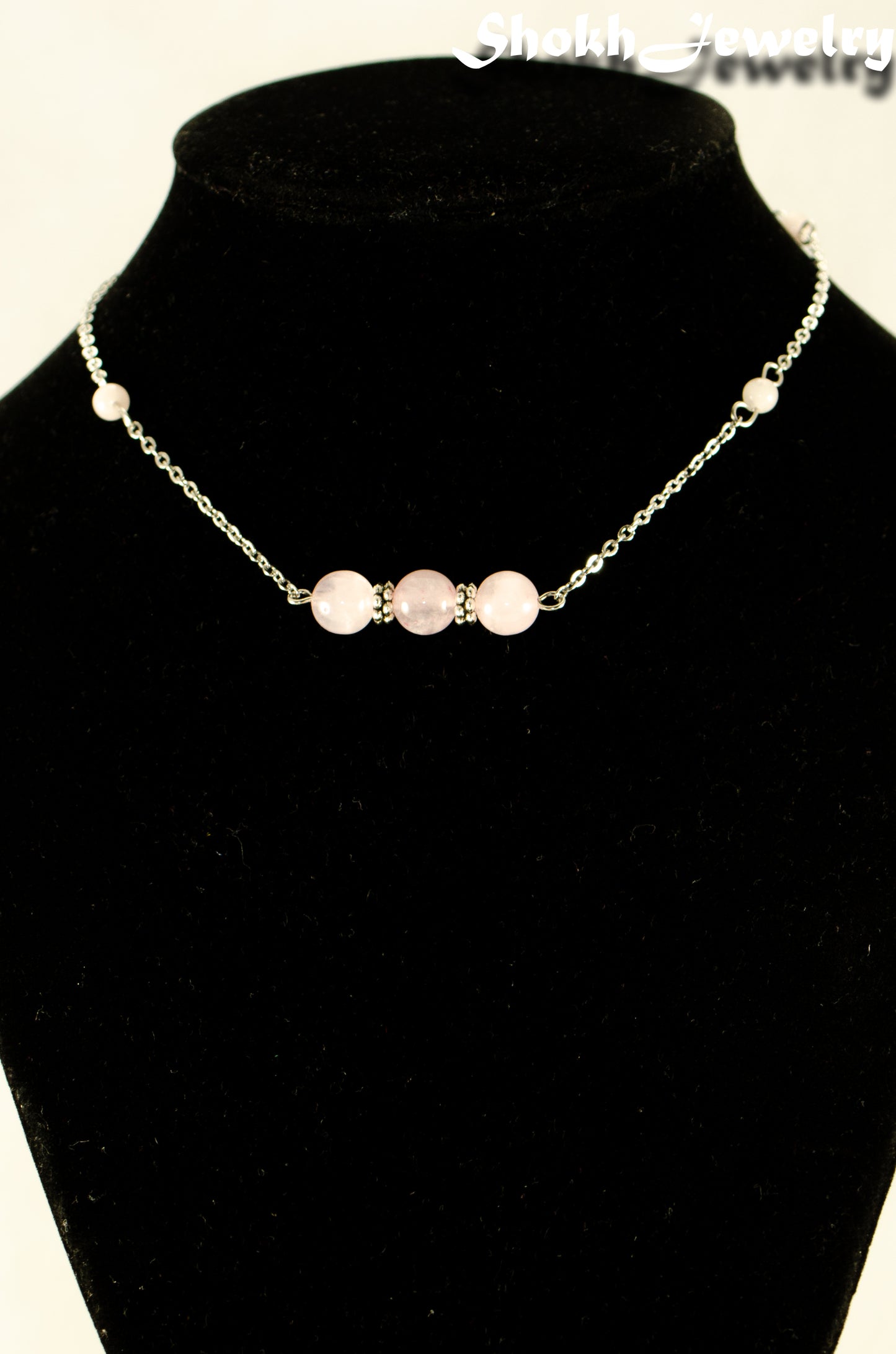 Close up of Natural Rose Quartz and Chain Choker Necklace.