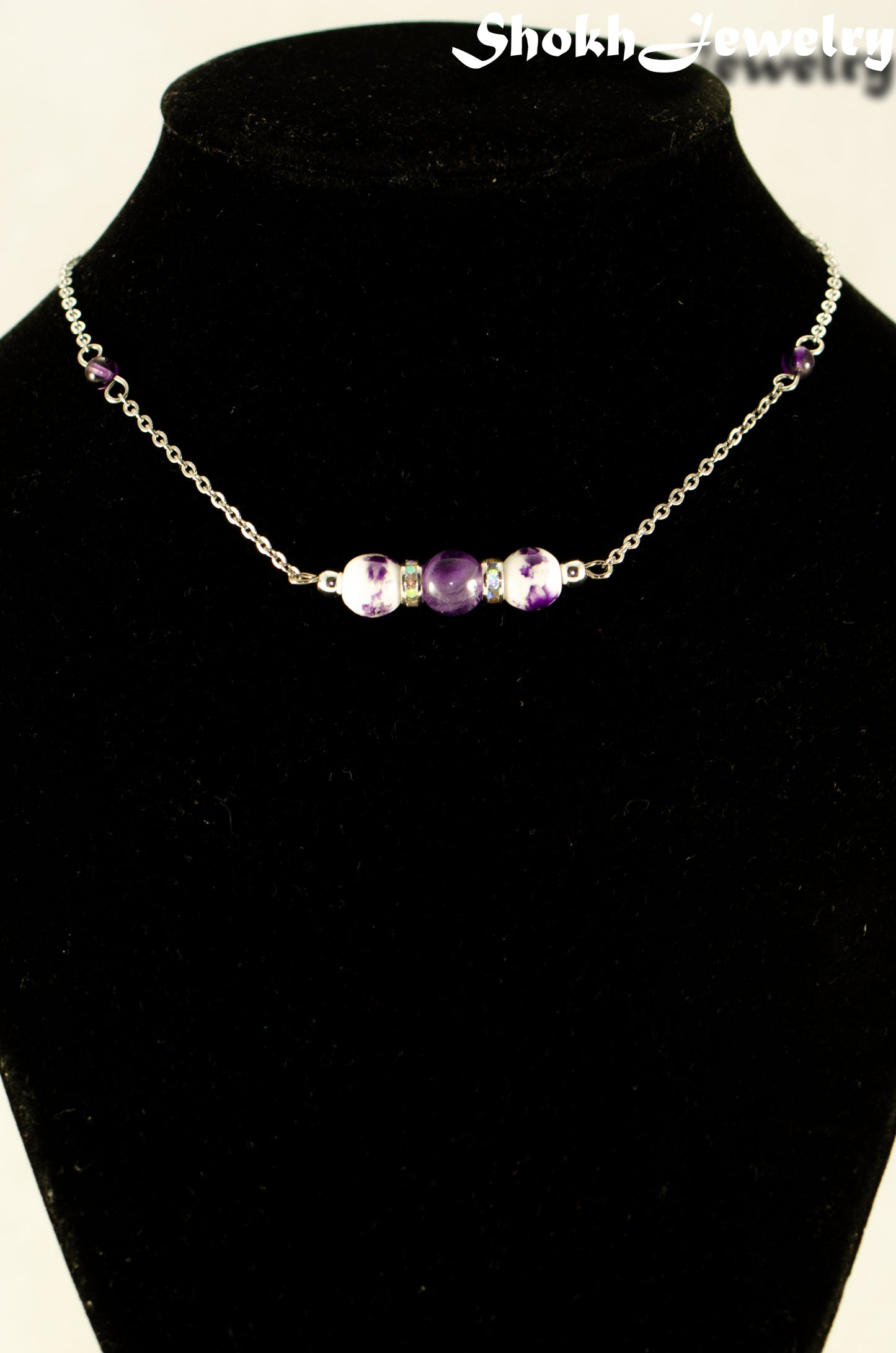 Natural Amethyst and Floral Ceramic Beads Choker Necklace