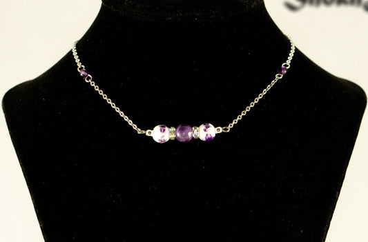 Natural Amethyst and Floral Ceramic Beads Choker Necklace displayed on a bust.