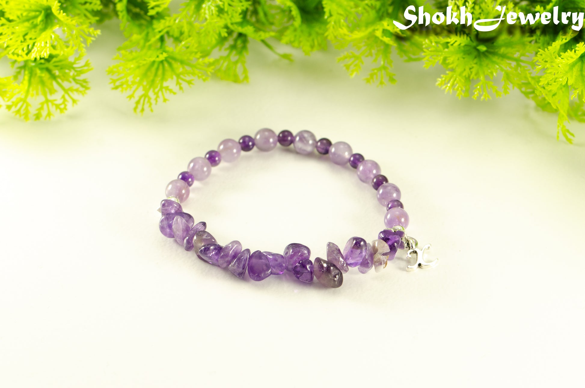 Amethyst Chip and Beads Bracelet with silver tone Initial