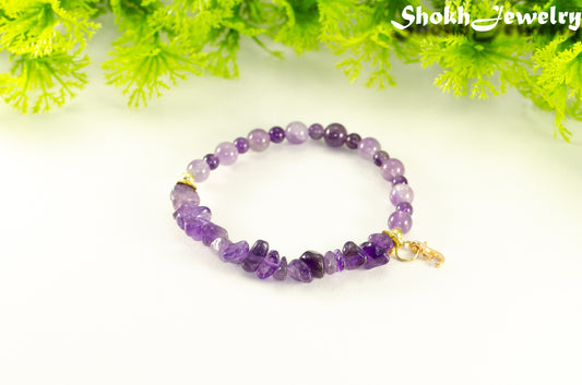 Amethyst Chip and Beads Bracelet with gold tone Initial