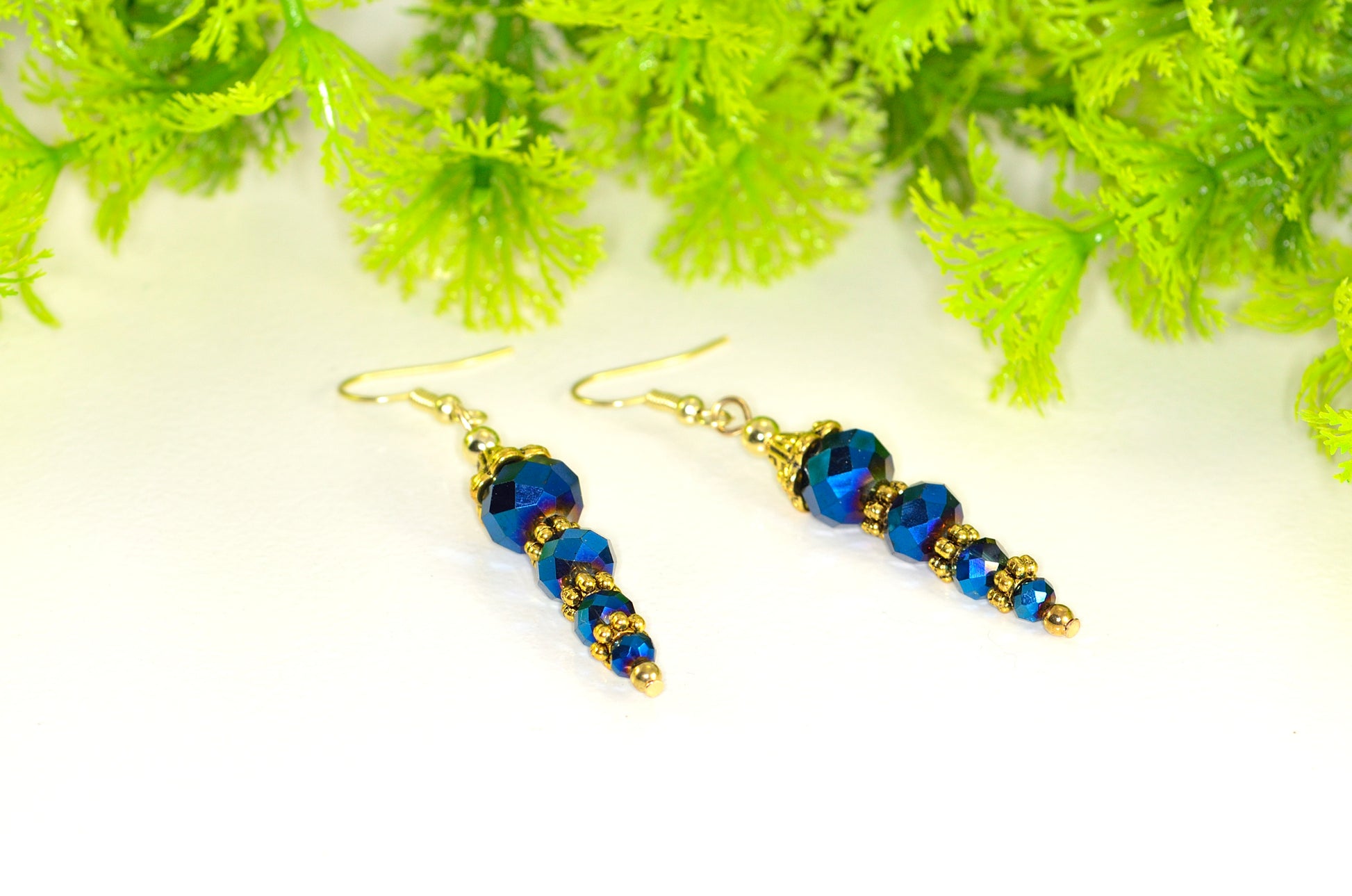 Sparkly Blue Glass Crystal Bead Earrings for women.