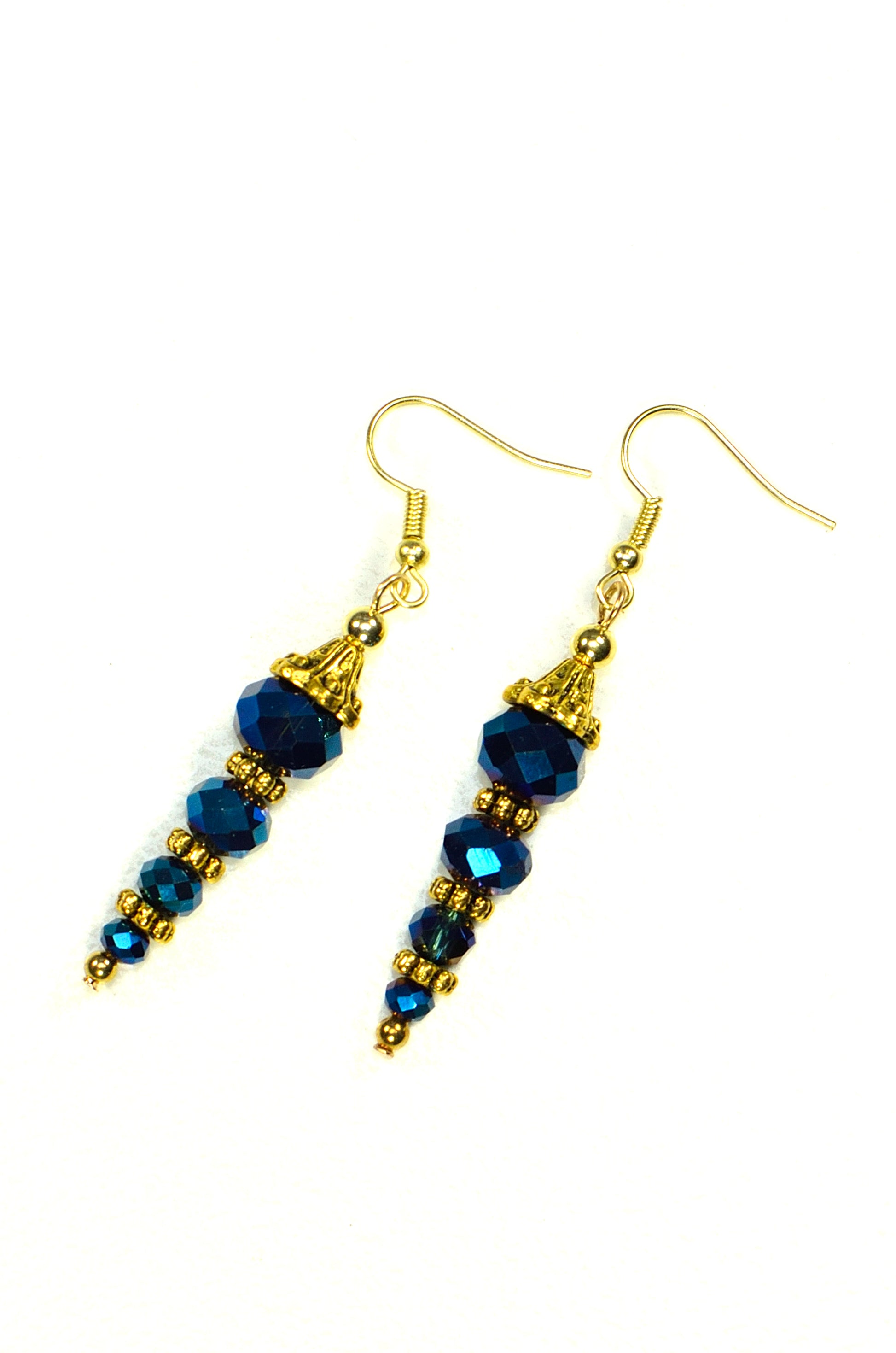 Top view of Sparkly Blue Glass Crystal Bead Earrings.