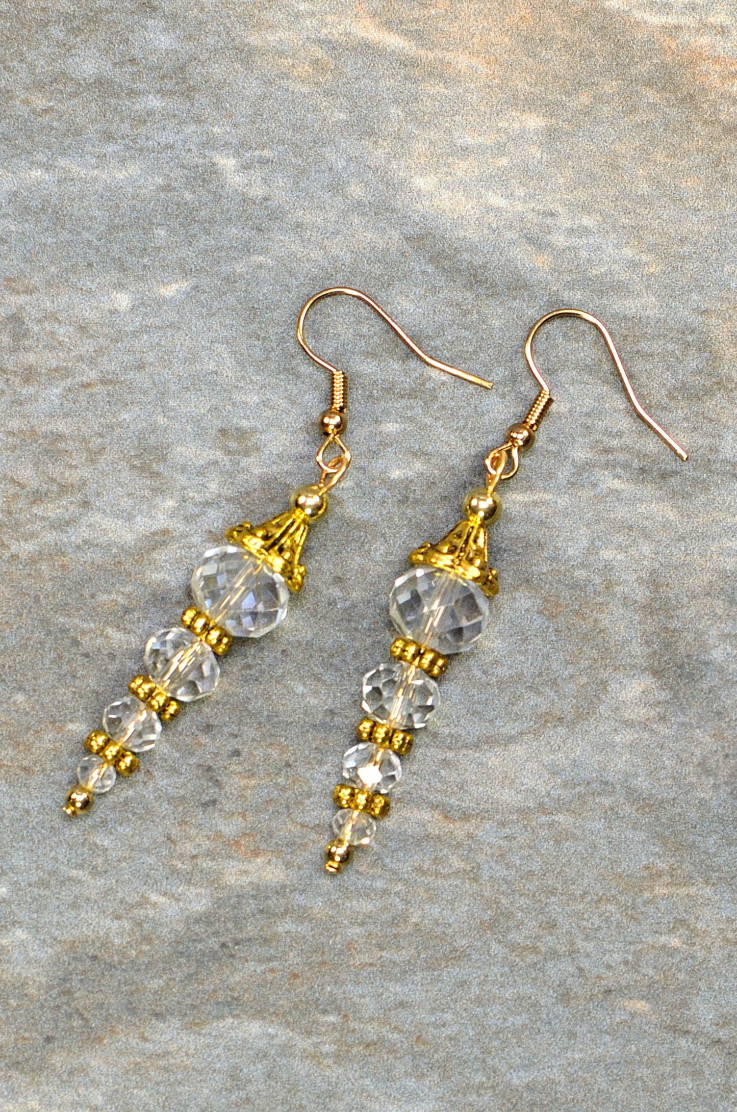 Top view of Sparkly Crystal Clear Glass Bead Earrings.