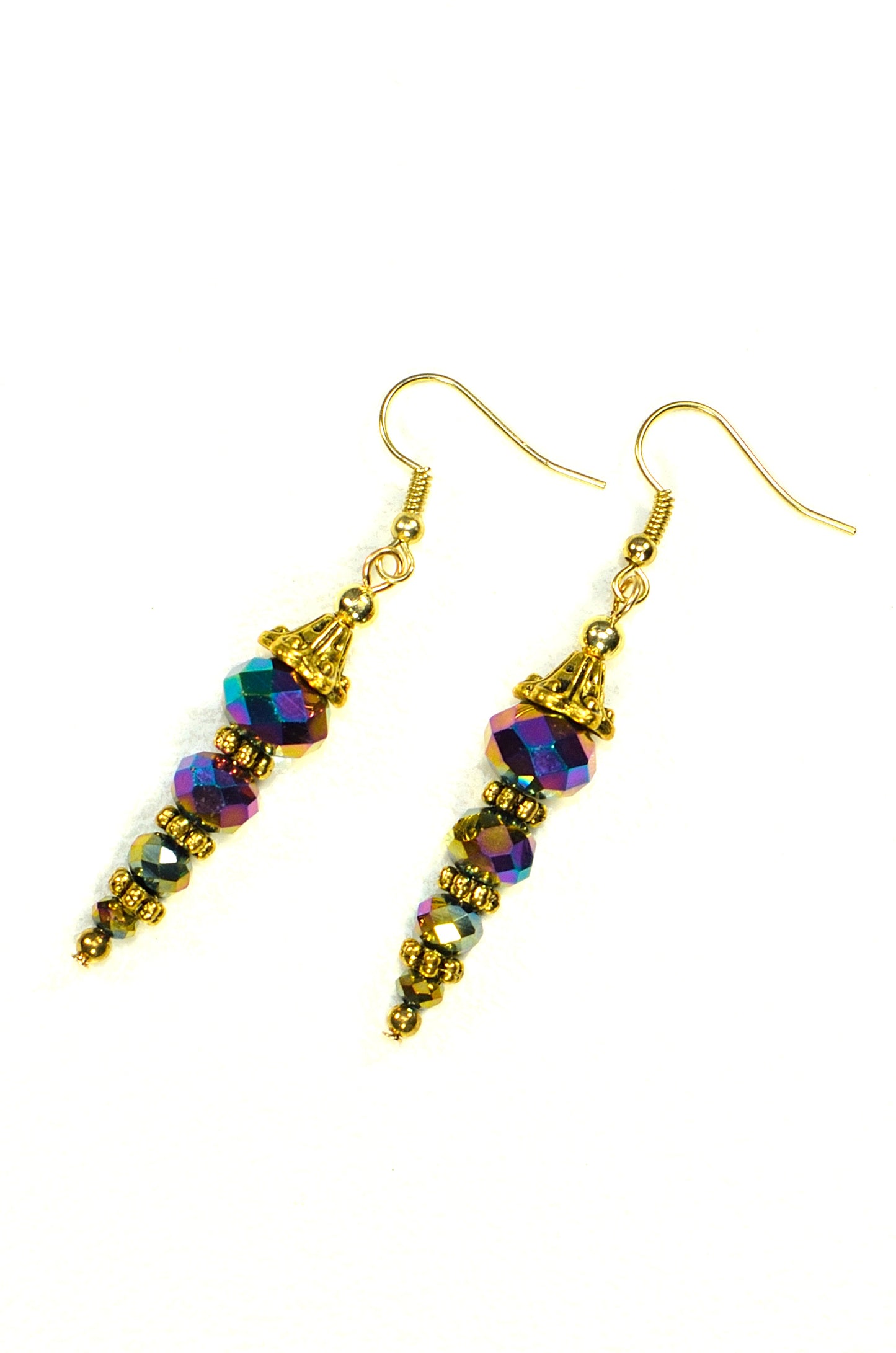 Top view of Sparkly Gold Glass Crystal Bead Earrings.