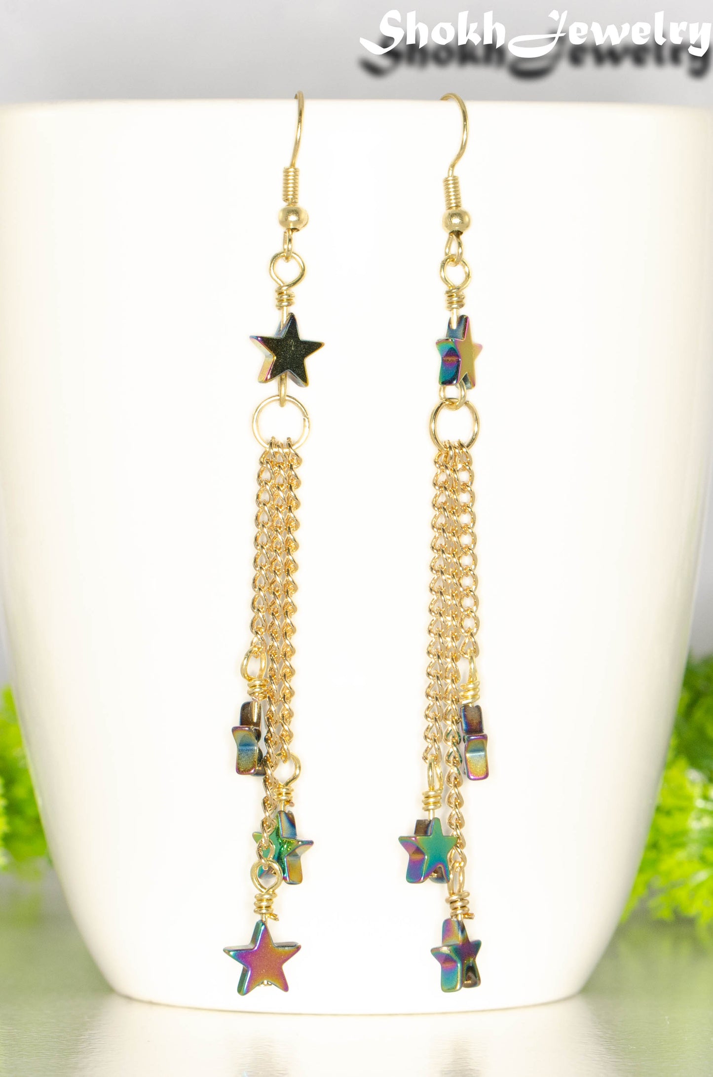 Sparkly Hematite Star and Gold Chain Earrings