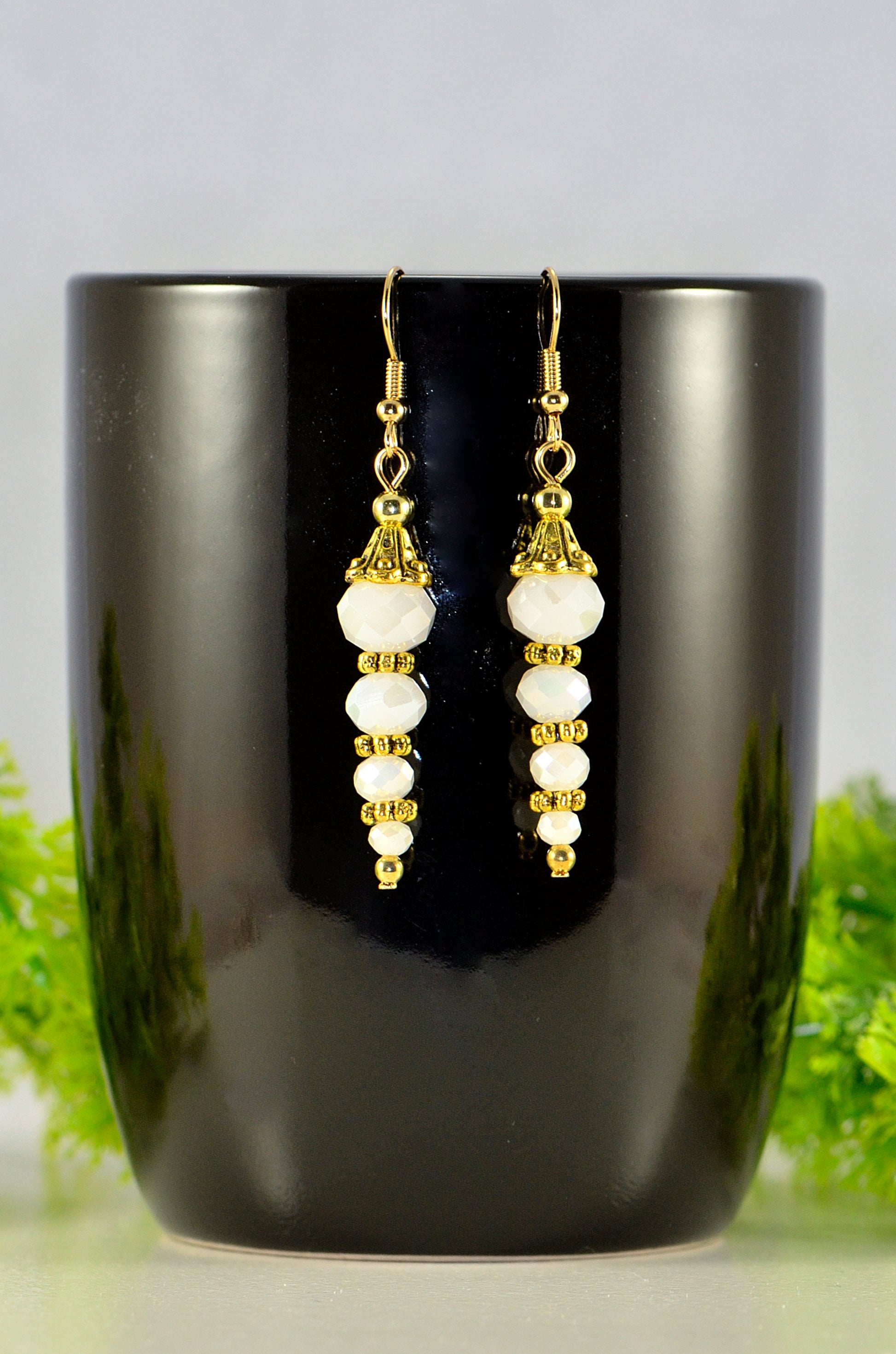 Close up of Sparkly White Glass Crystal Bead Earrings.