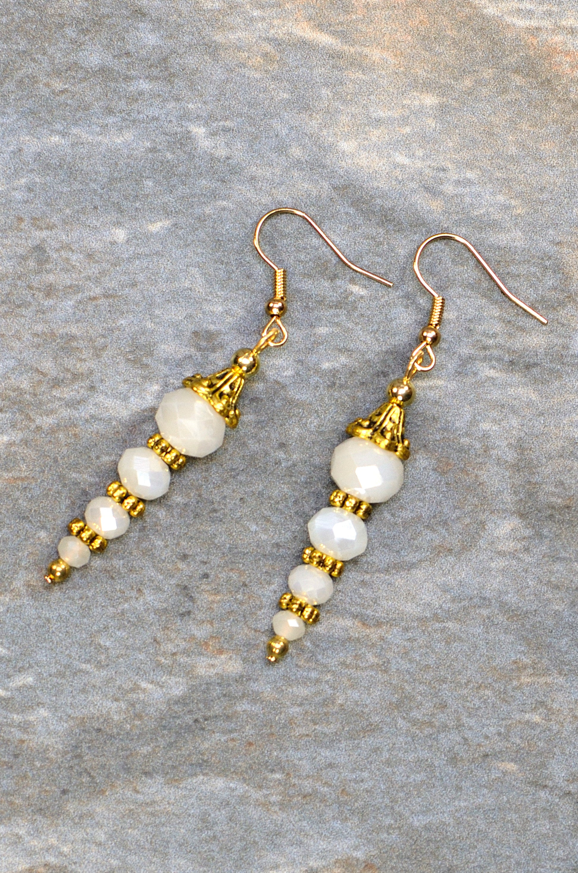 Top view of Sparkly White Glass Crystal Bead Earrings.