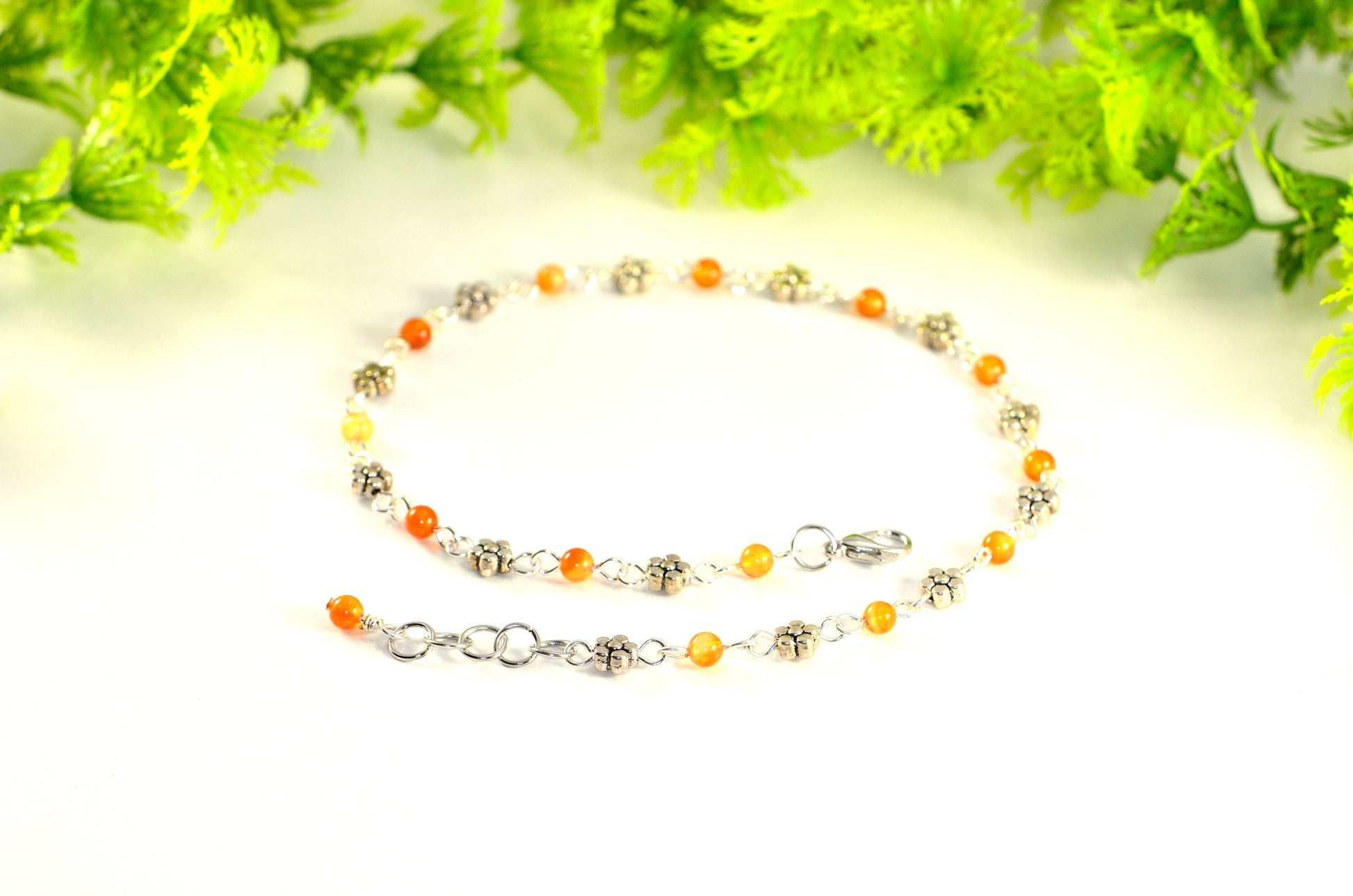 Tibetan Silver Flower and Carnelian Choker Necklace with clasp and a cute little dangle.