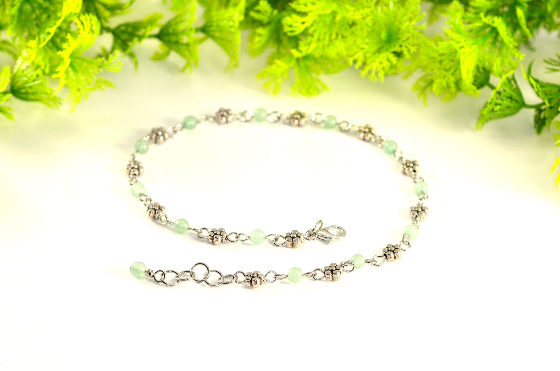 Tibetan Silver Flower and Green Aventurine Choker Necklace with clasp and a cute little dangle.