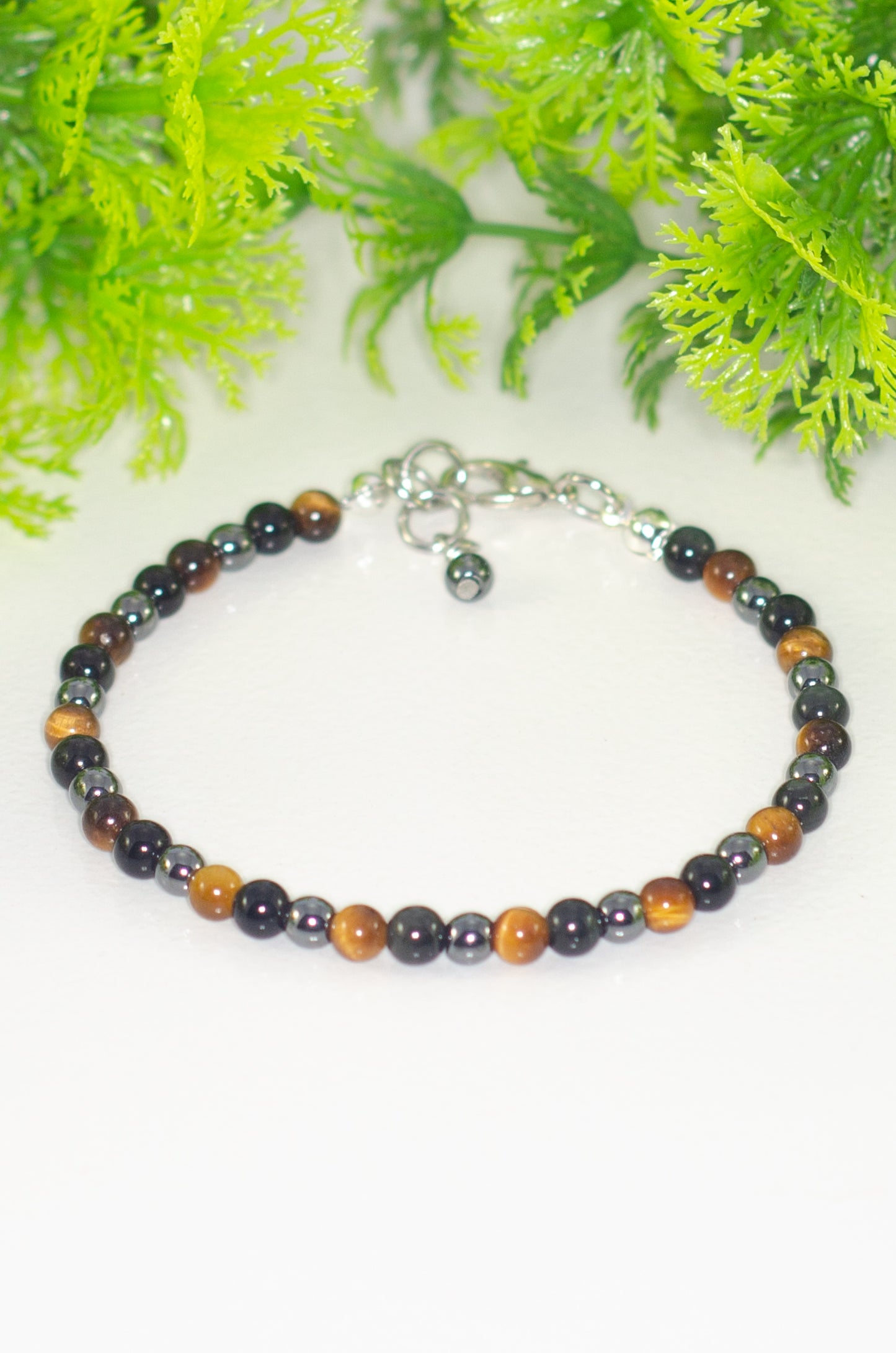 4mm Black Obsidian, Tiger's Eye and Hematite Anklet with clasp and a dangle.