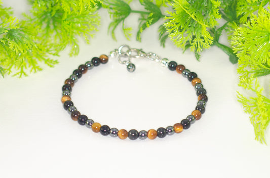 4mm Black Obsidian, Tiger's Eye and Hematite Bracelet with clasp and a dangle.