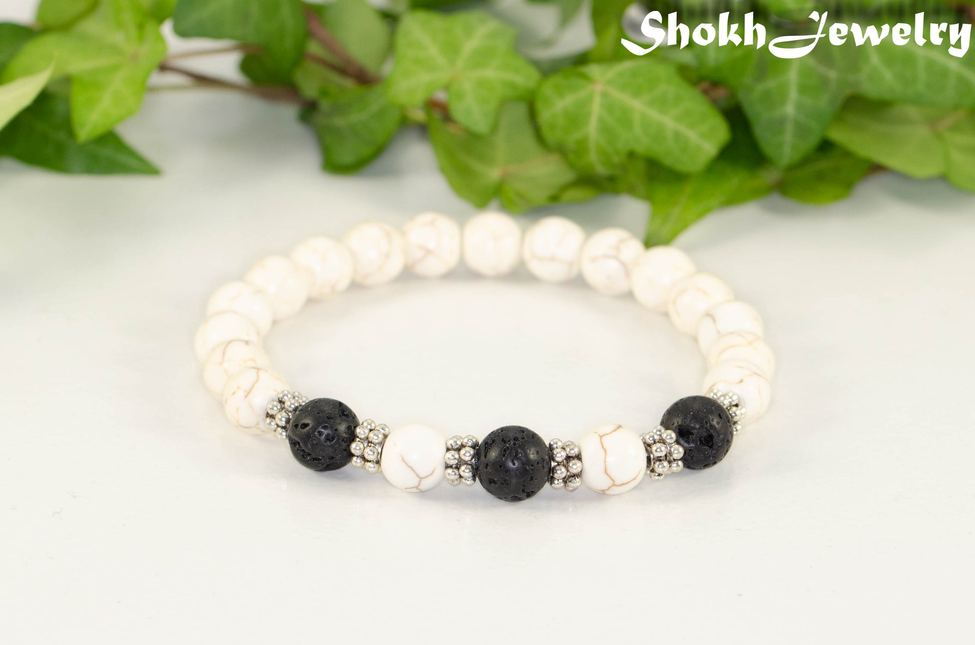White Howlite and Black Lava Stone Bracelet for women.