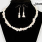 Natural Rose Quartz Chip and Pearl Choker Necklace and Earrings Set displayed on a bust