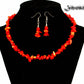 Natural Red Coral Chip Choker Necklace and Earrings Set displayed on a bust.