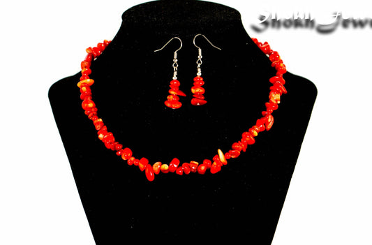Natural Red Coral Chip Choker Necklace and Earrings Set displayed on a bust.