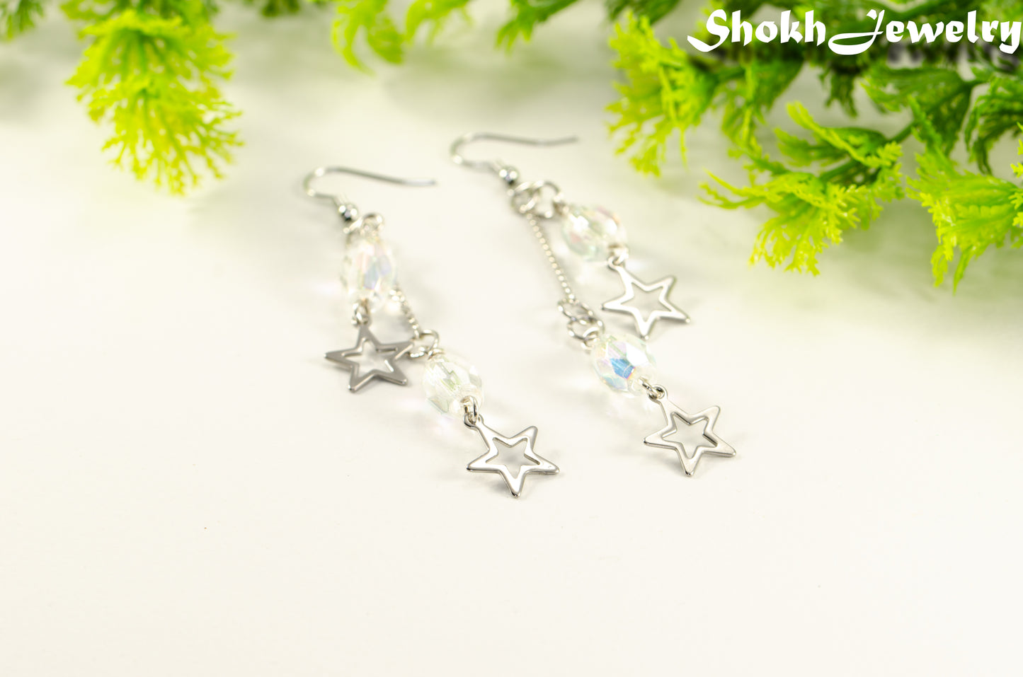 Clear Glass and Stainless Steel Star Earrings.