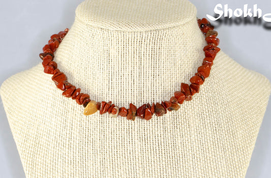 Natural Red Jasper Crystal Chip Choker Necklace displayed on a bust