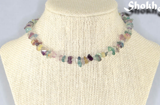 Natural Rainbow Fluorite Crystal Chip Choker Necklace displayed on a bust